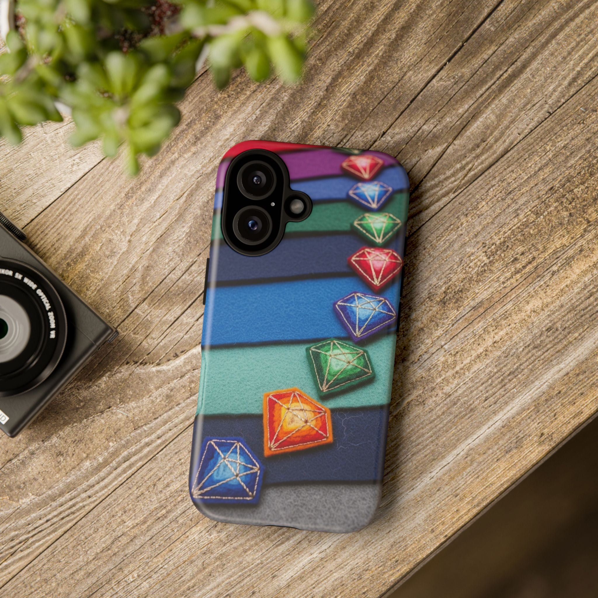 Colorful Gem Stripe Phone Case — Rainbow Diamond Pattern Tough Case