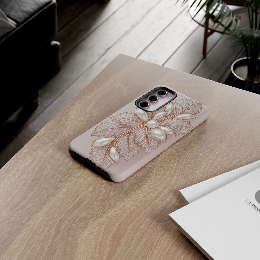 Pearl Floral Phone Case for Samsung galaxy phone — Elegant Rose Gold Leaf Design for Women