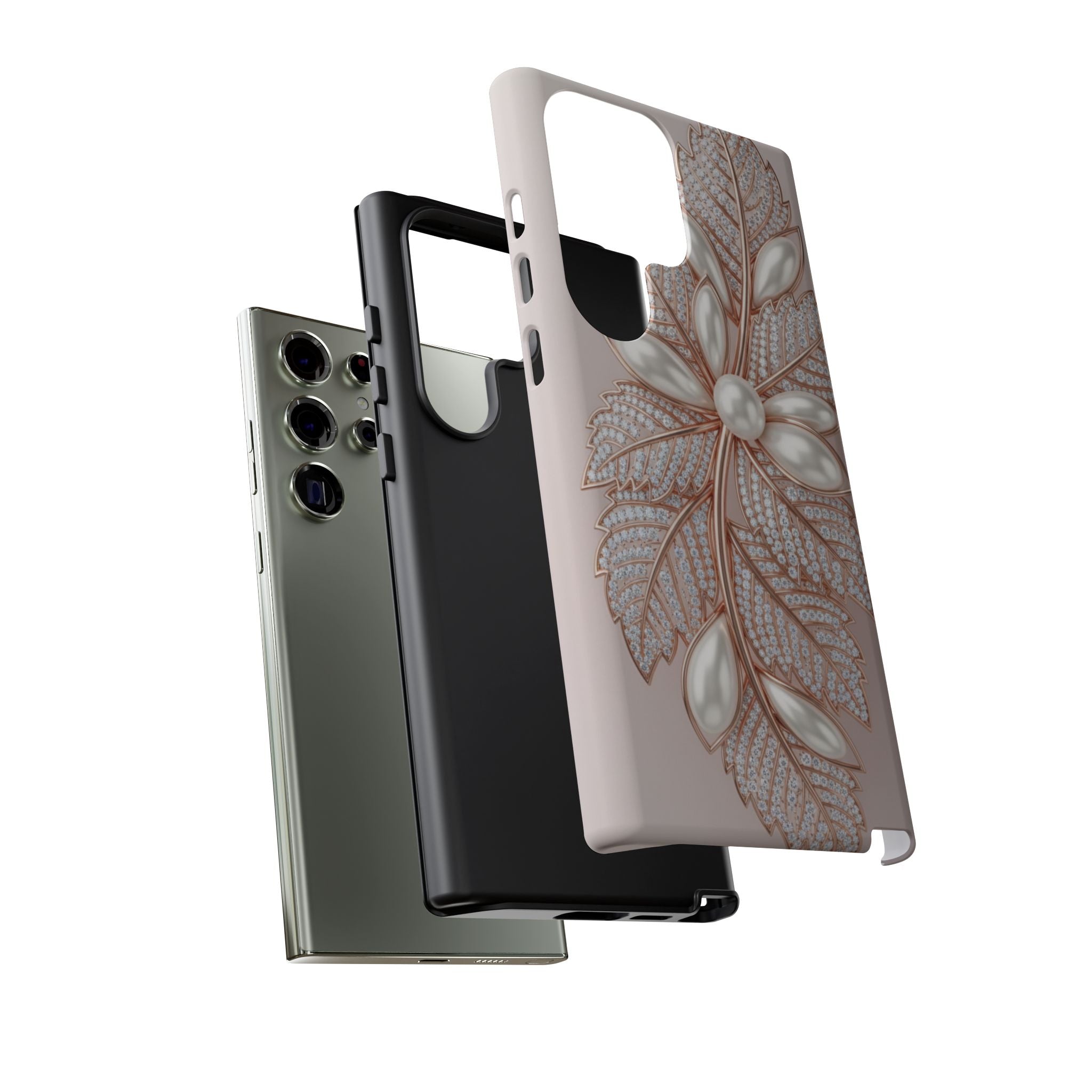 Pearl Floral Phone Case for Samsung galaxy phone — Elegant Rose Gold Leaf Design for Women