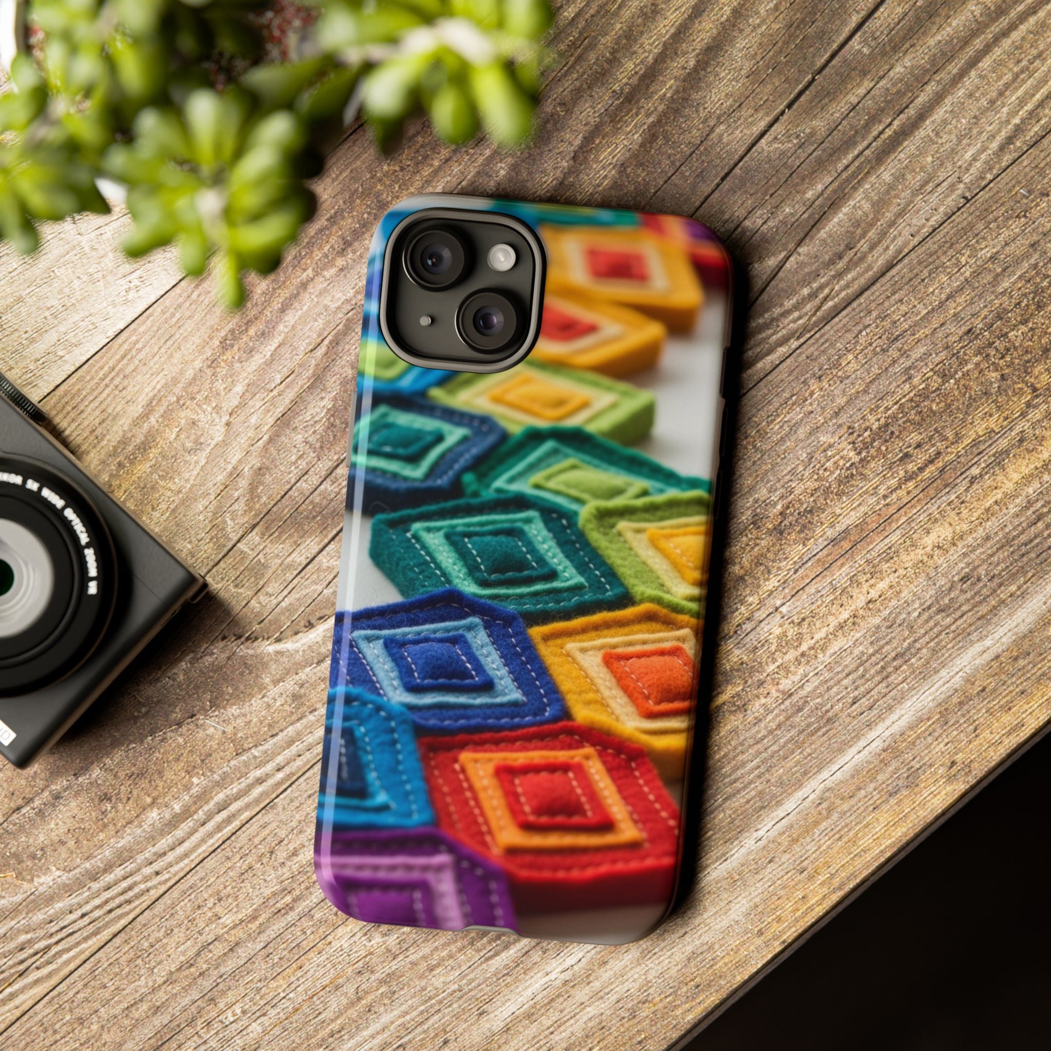 Colorful Geometric Quilt Pattern Phone Case – Bright Rainbow Diamond Tough Case