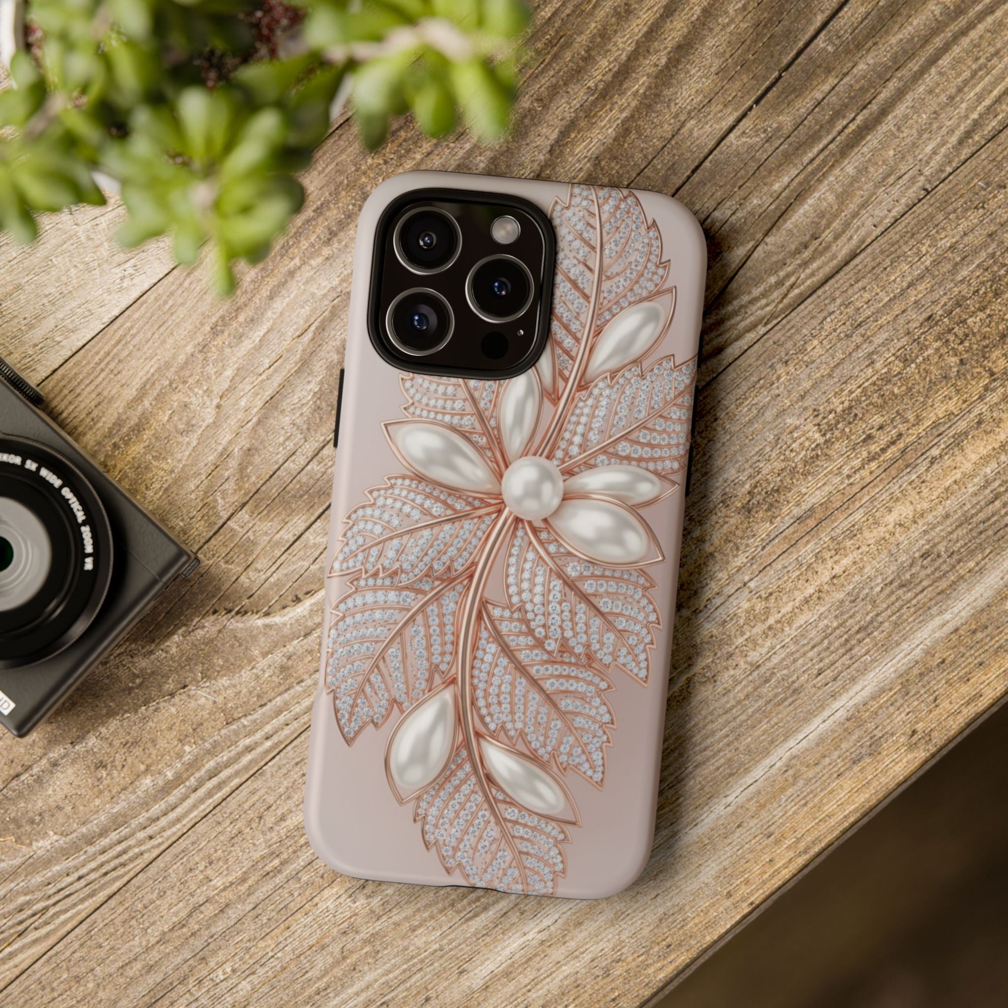 Pearl Floral Phone Case – Rose Gold Leaf iPhone Cover