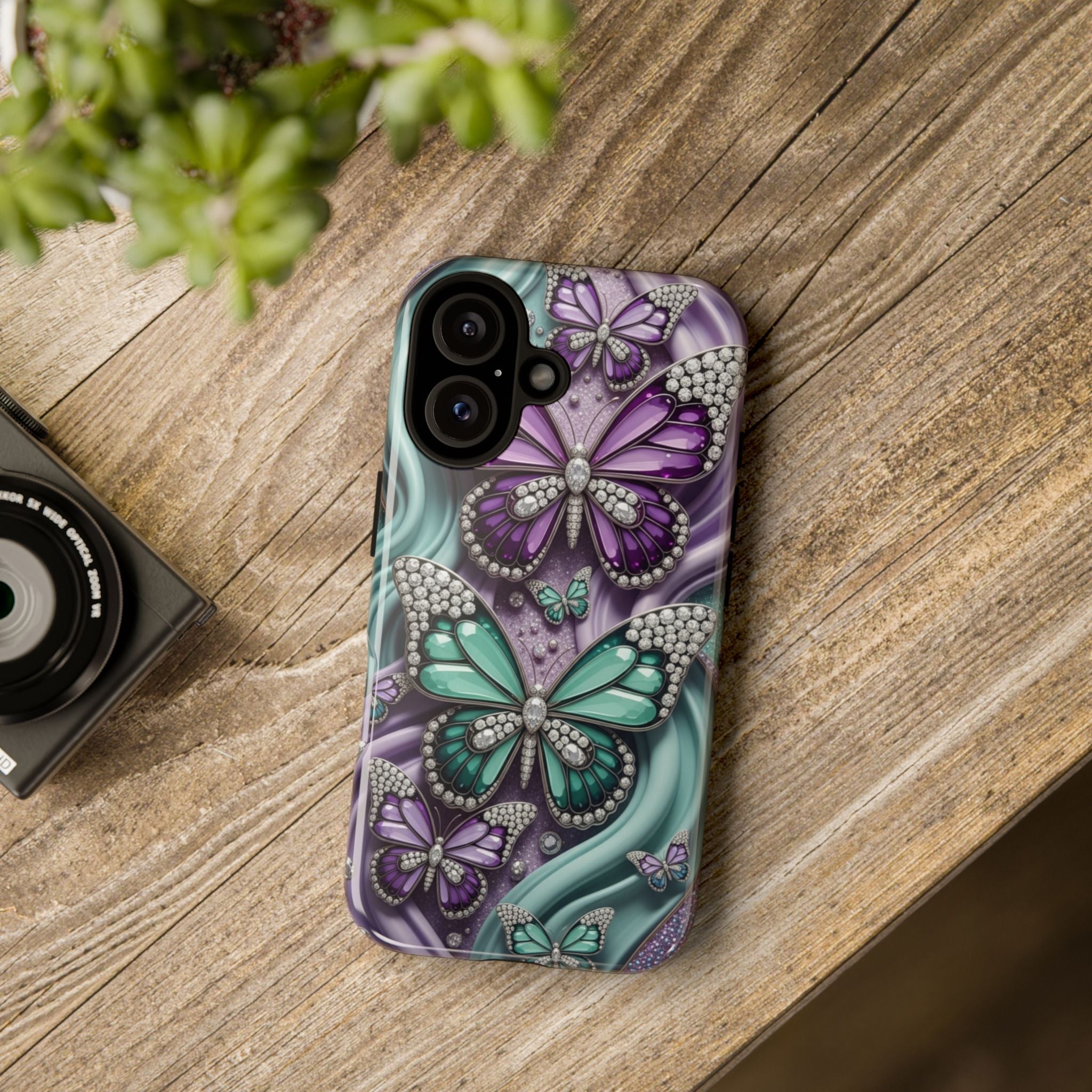 Butterfly Gem Tough Phone Case – Teal & Purple Sparkle Protective Cover