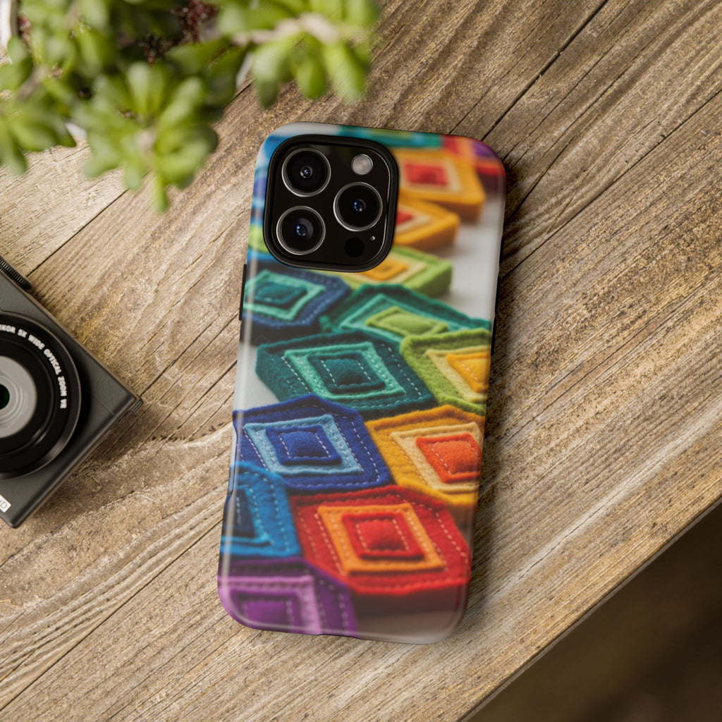 Colorful Geometric Quilt Pattern Phone Case – Bright Rainbow Diamond Tough Case