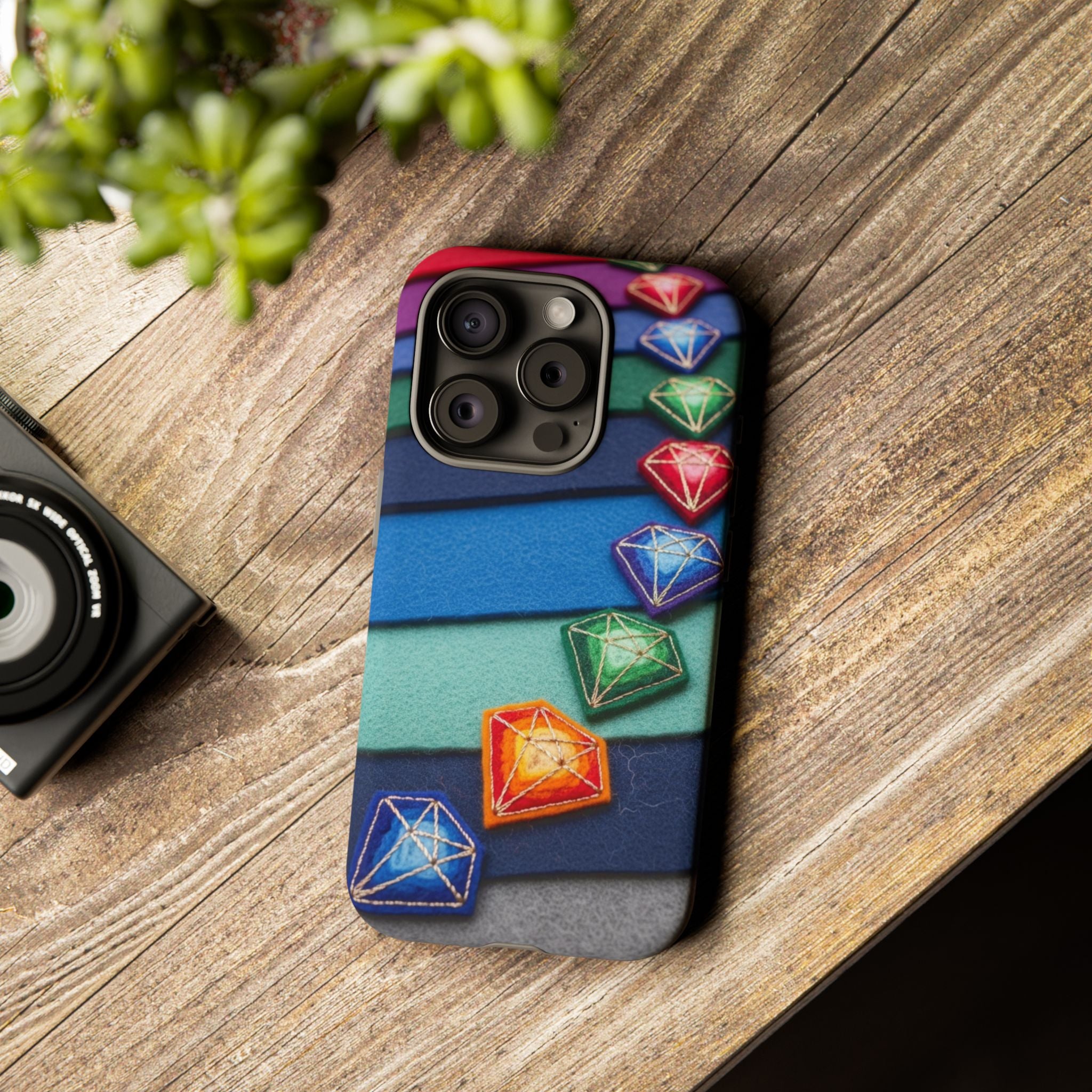 Colorful Gem Stripe Phone Case — Rainbow Diamond Pattern Tough Case