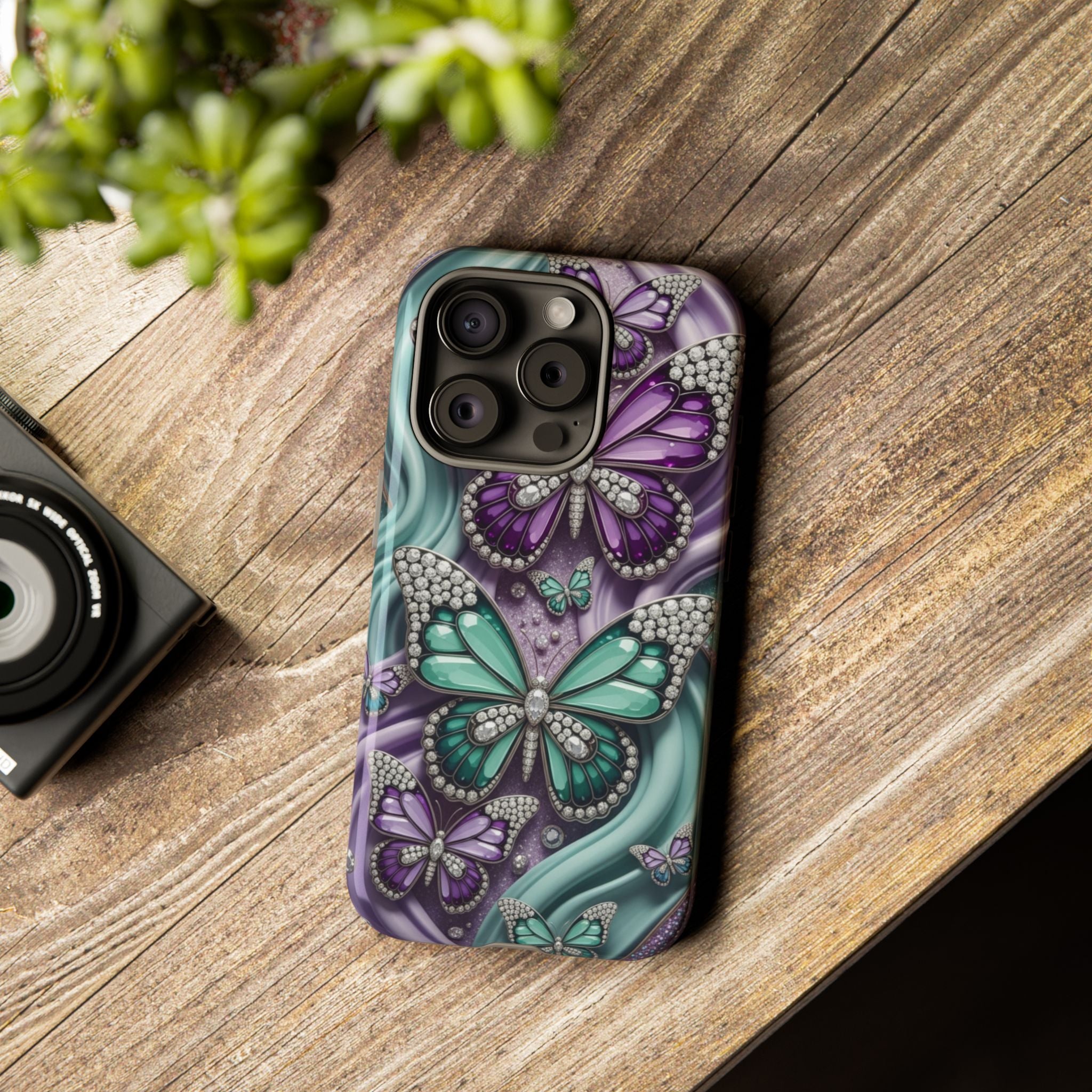 Butterfly Gem Tough Phone Case – Teal & Purple Sparkle Protective Cover
