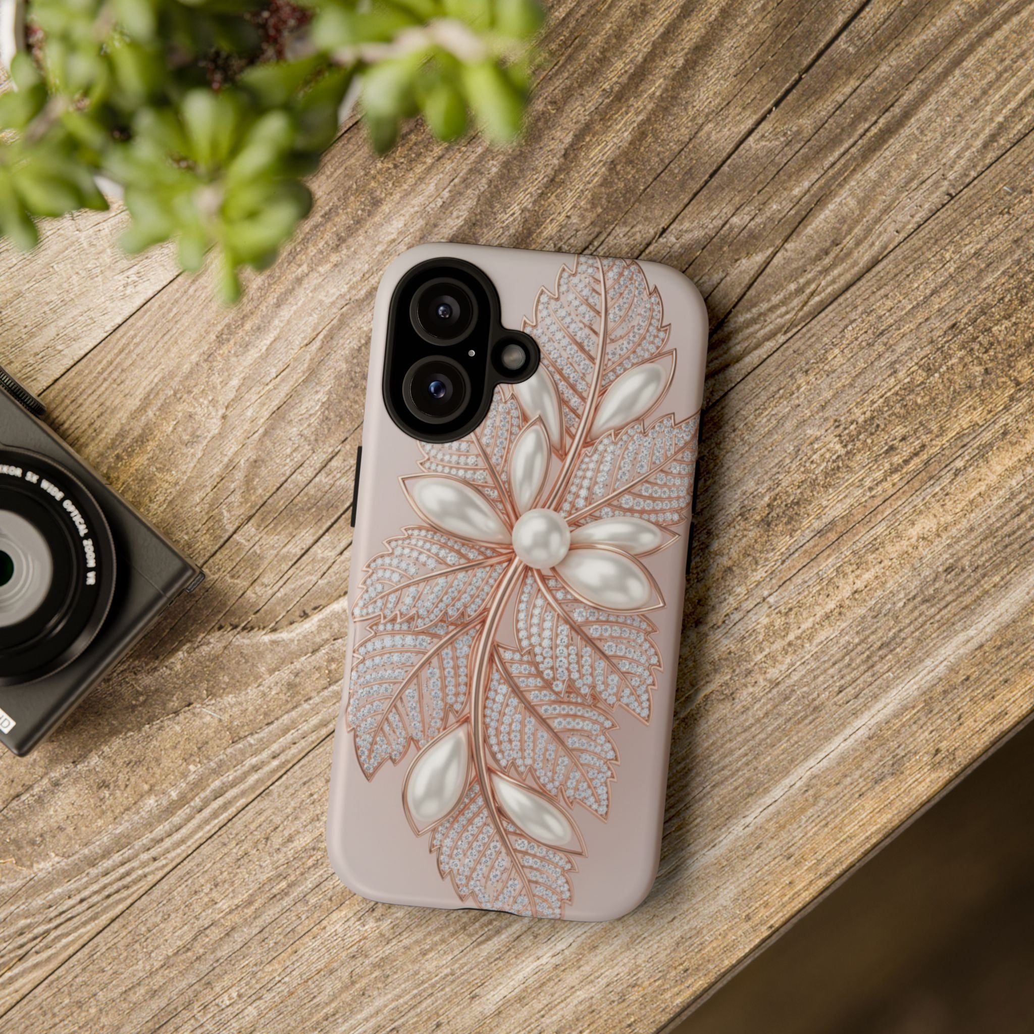 Pearl Floral Phone Case – Rose Gold Leaf iPhone Cover