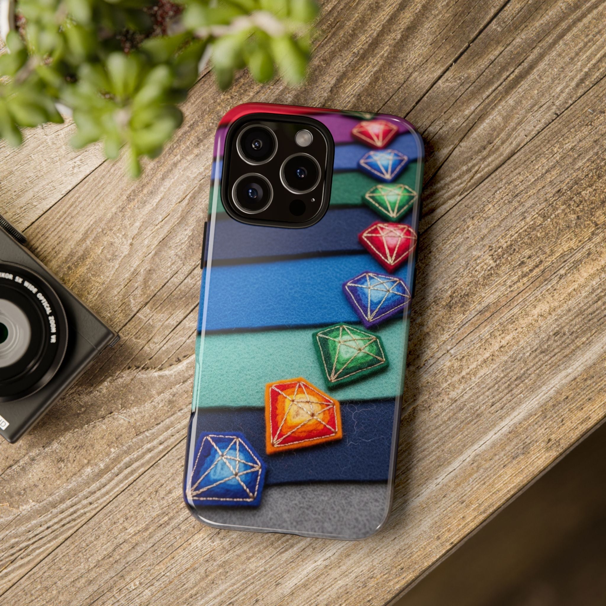 Colorful Gem Stripe Phone Case — Rainbow Diamond Pattern Tough Case