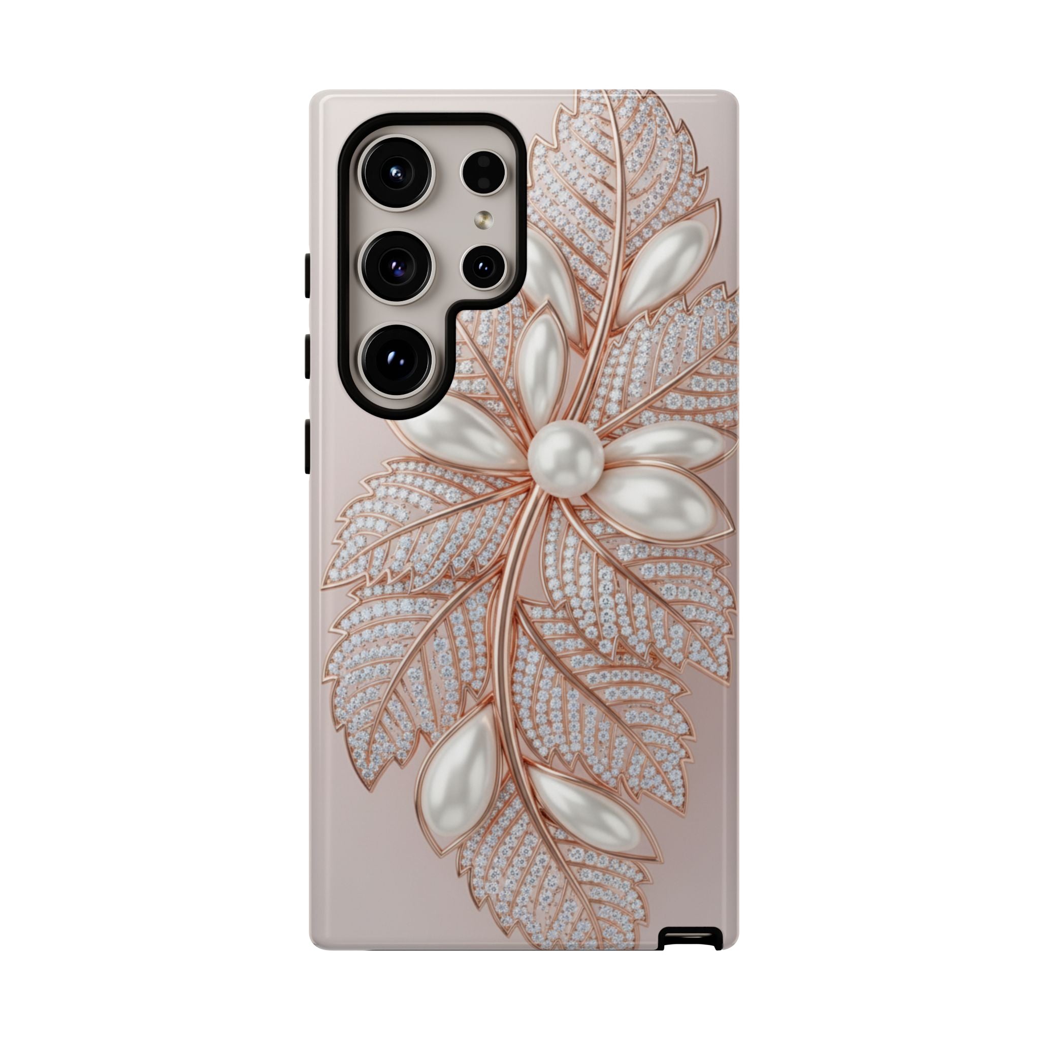 Pearl Floral Phone Case for Samsung galaxy phone — Elegant Rose Gold Leaf Design for Women