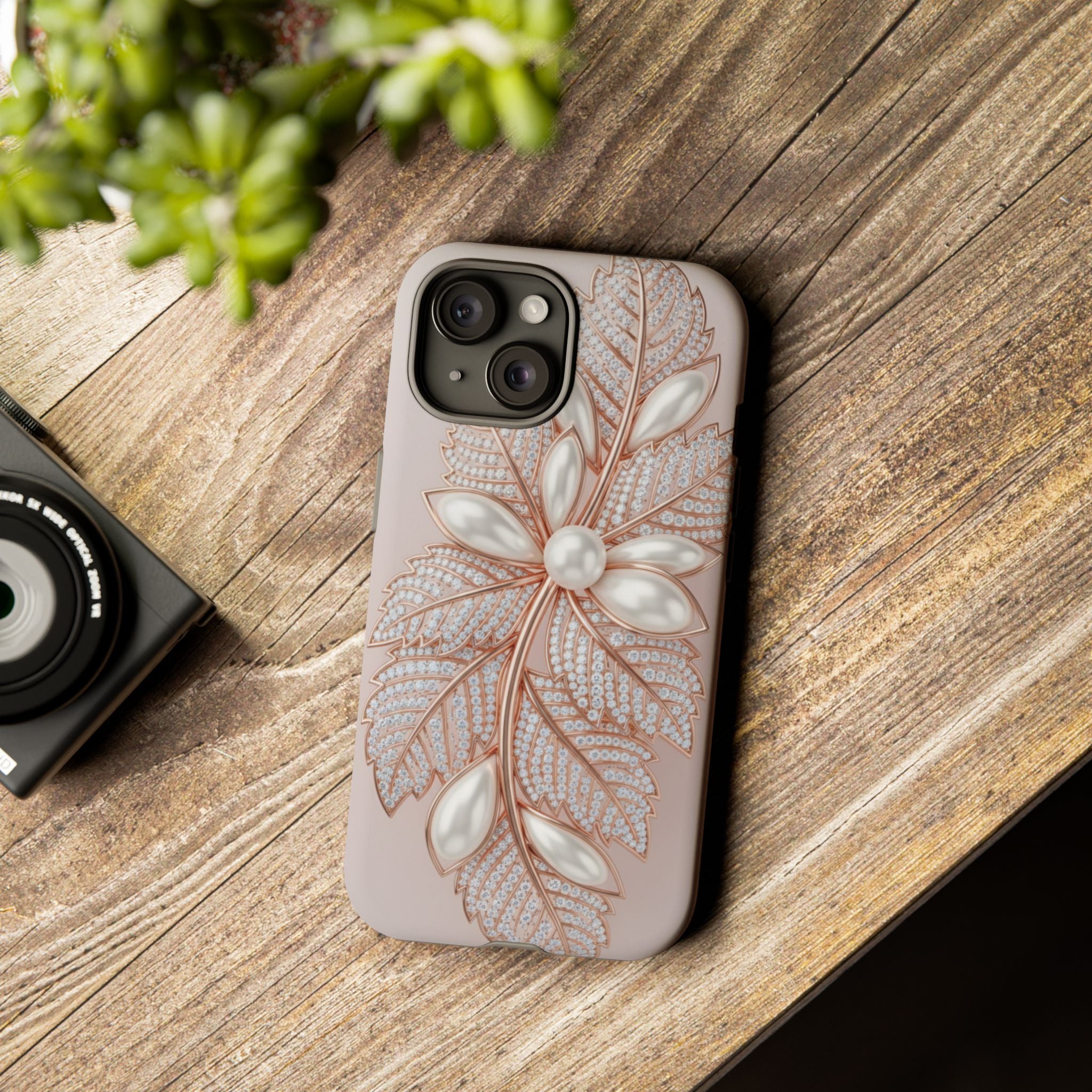 Pearl Floral Phone Case – Rose Gold Leaf iPhone Cover