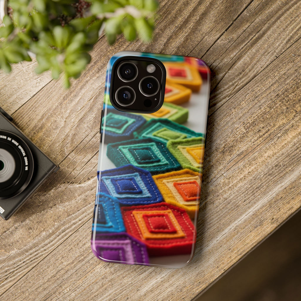 Colorful Geometric Quilt Pattern Phone Case – Bright Rainbow Diamond Tough Case