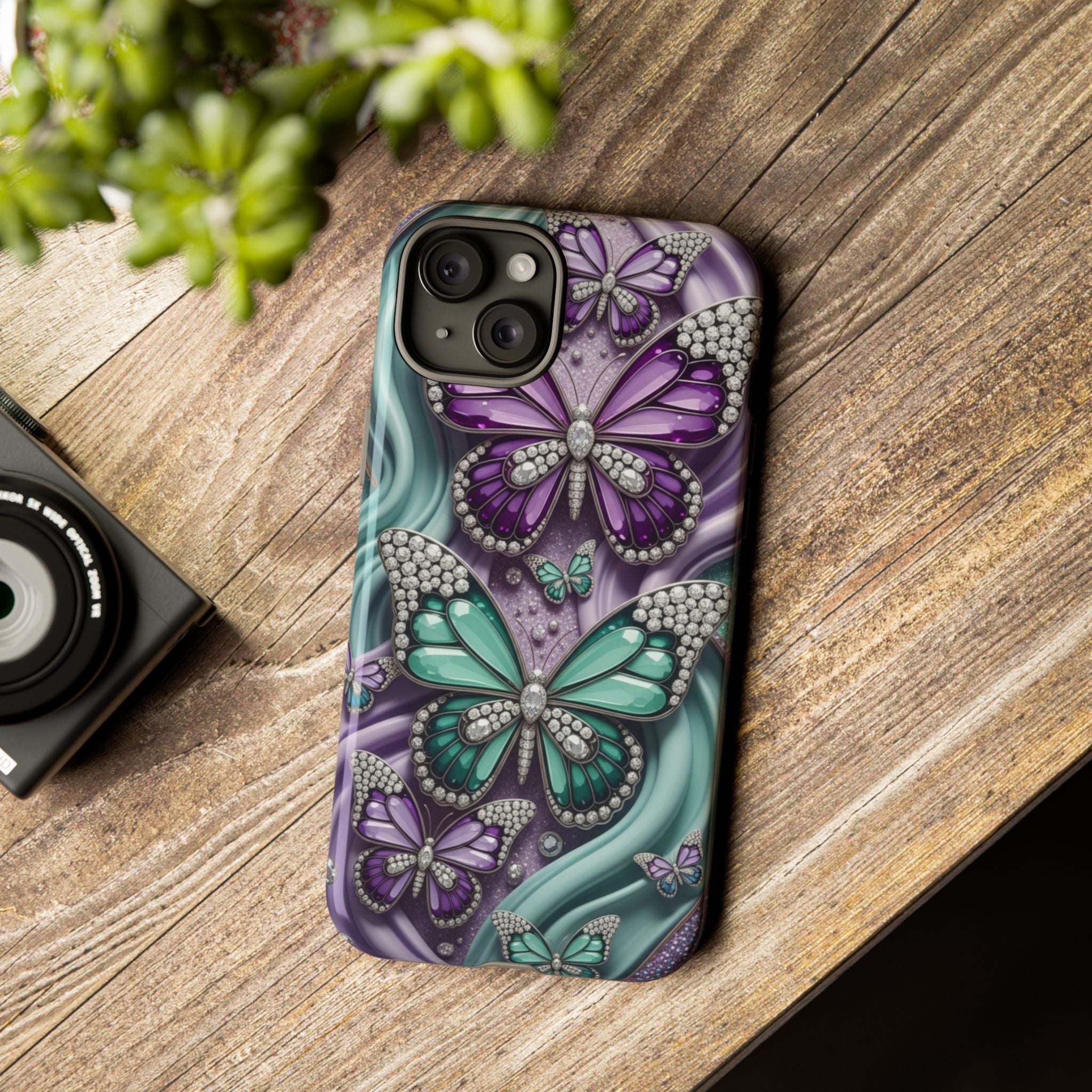 Butterfly Gem Tough Phone Case – Teal & Purple Sparkle Protective Cover