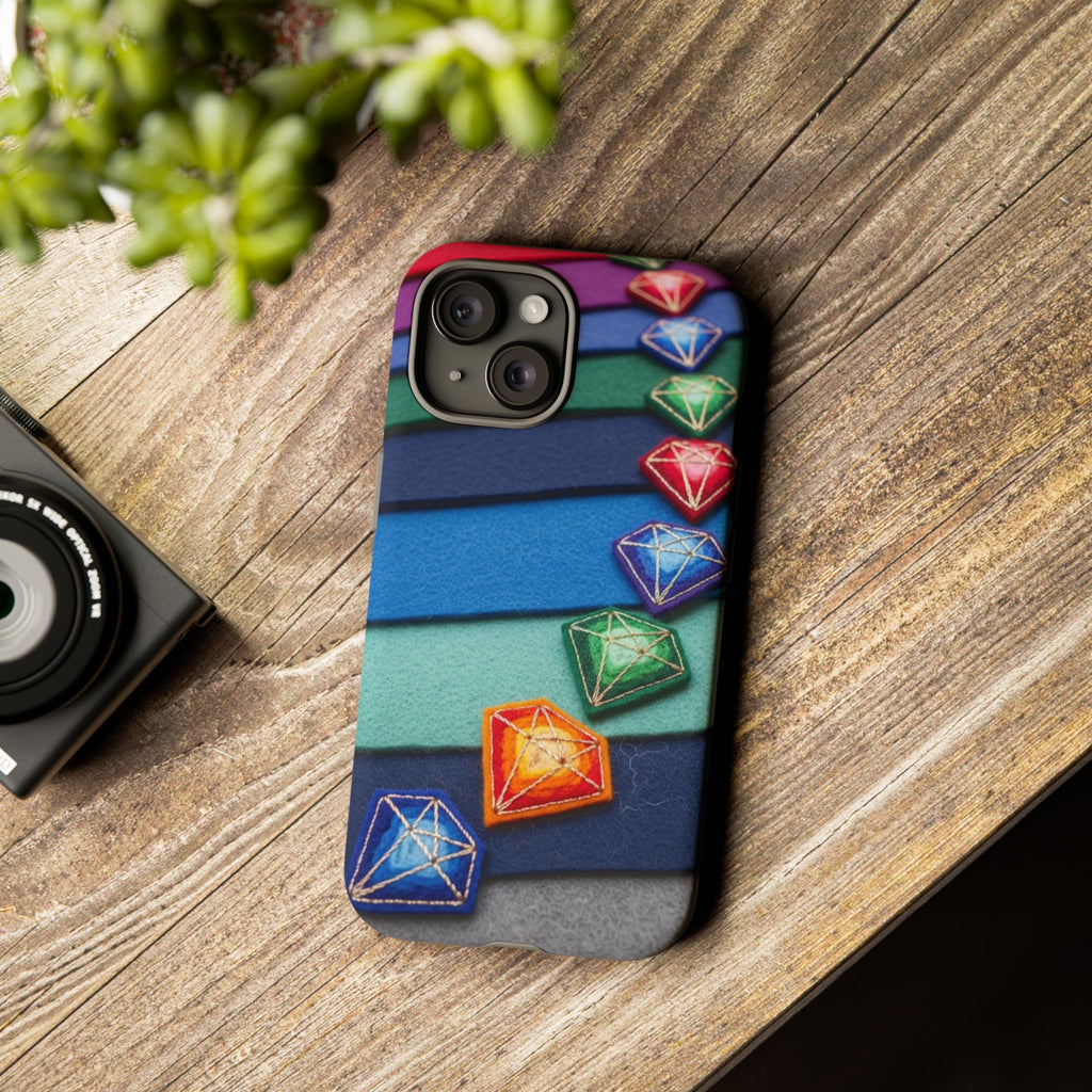 Colorful Gem Stripe Phone Case — Rainbow Diamond Pattern Tough Case