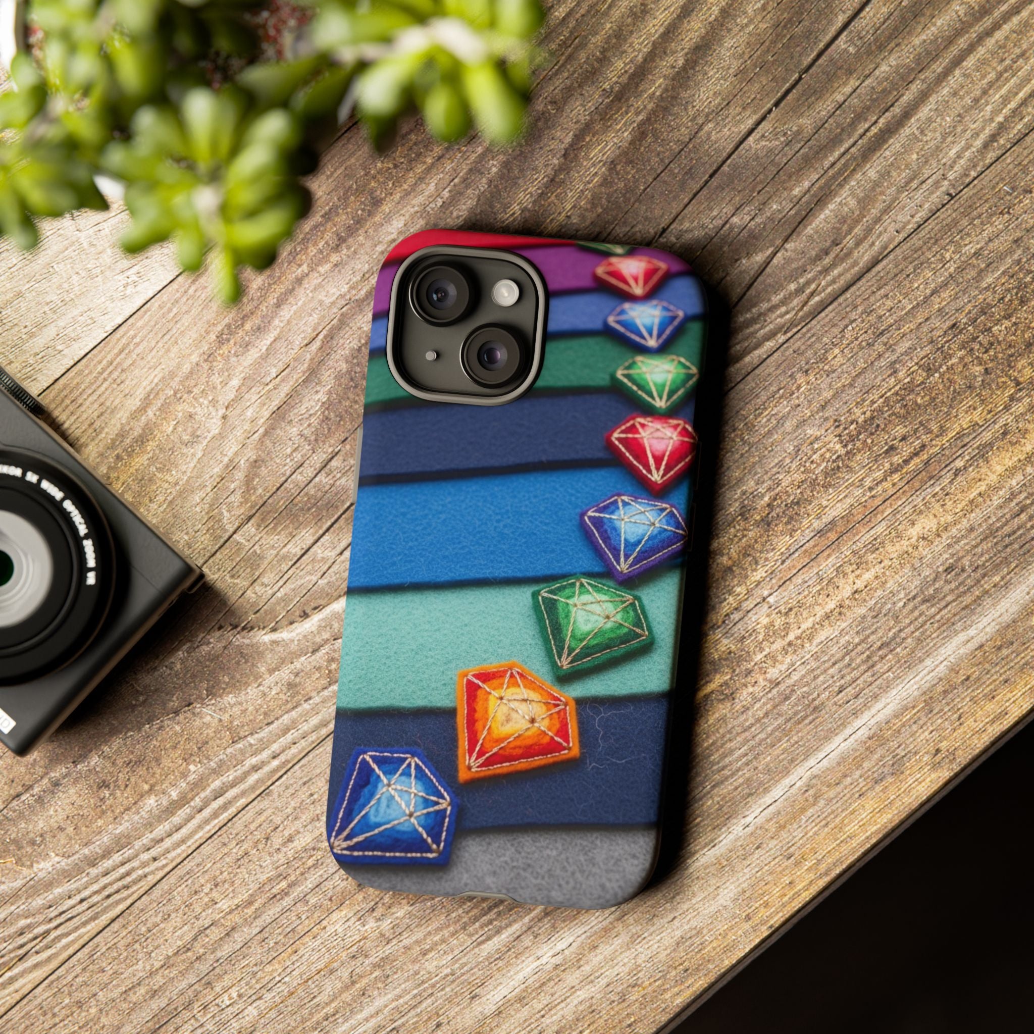 Colorful Gem Stripe Phone Case — Rainbow Diamond Pattern Tough Case