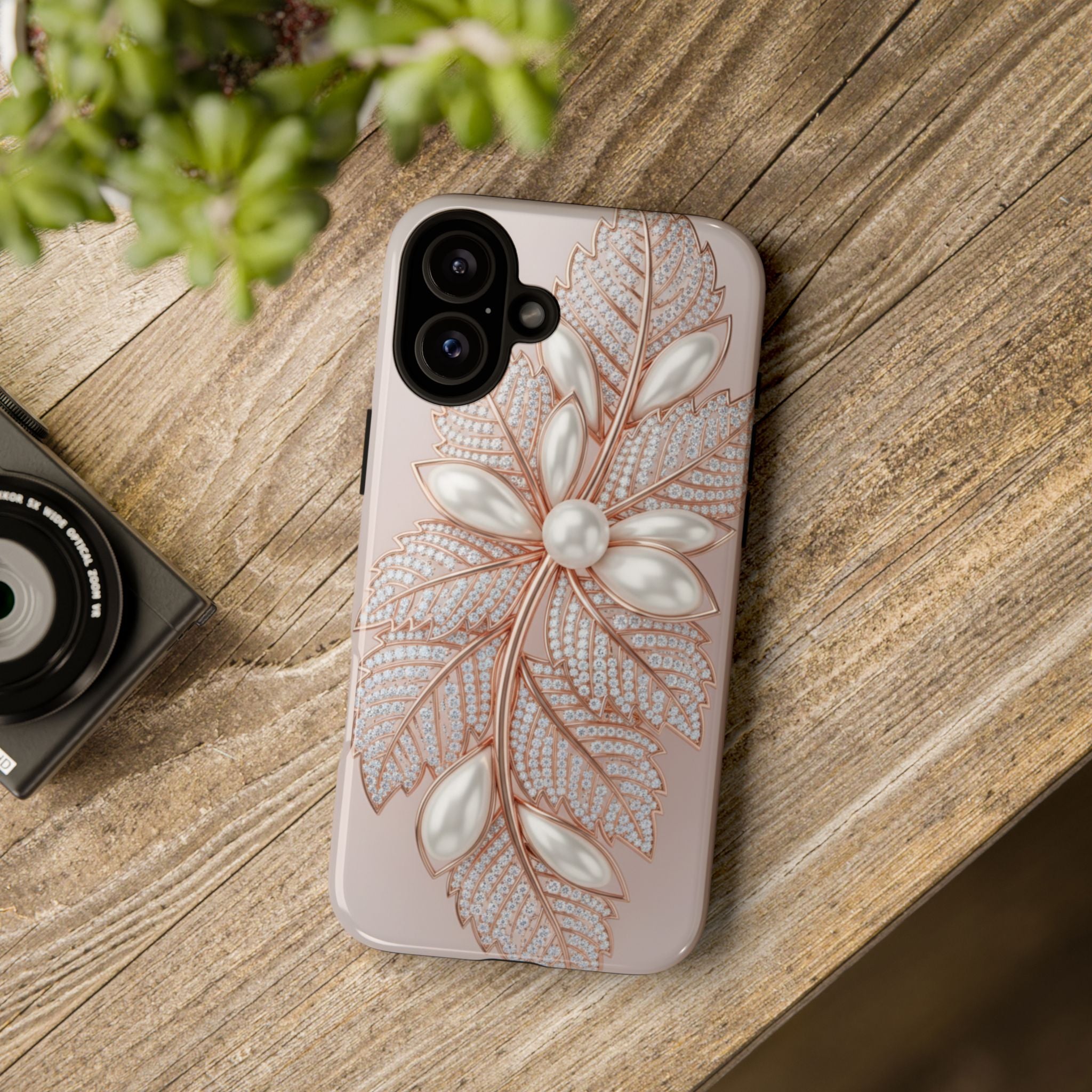 Pearl Floral Phone Case – Rose Gold Leaf iPhone Cover