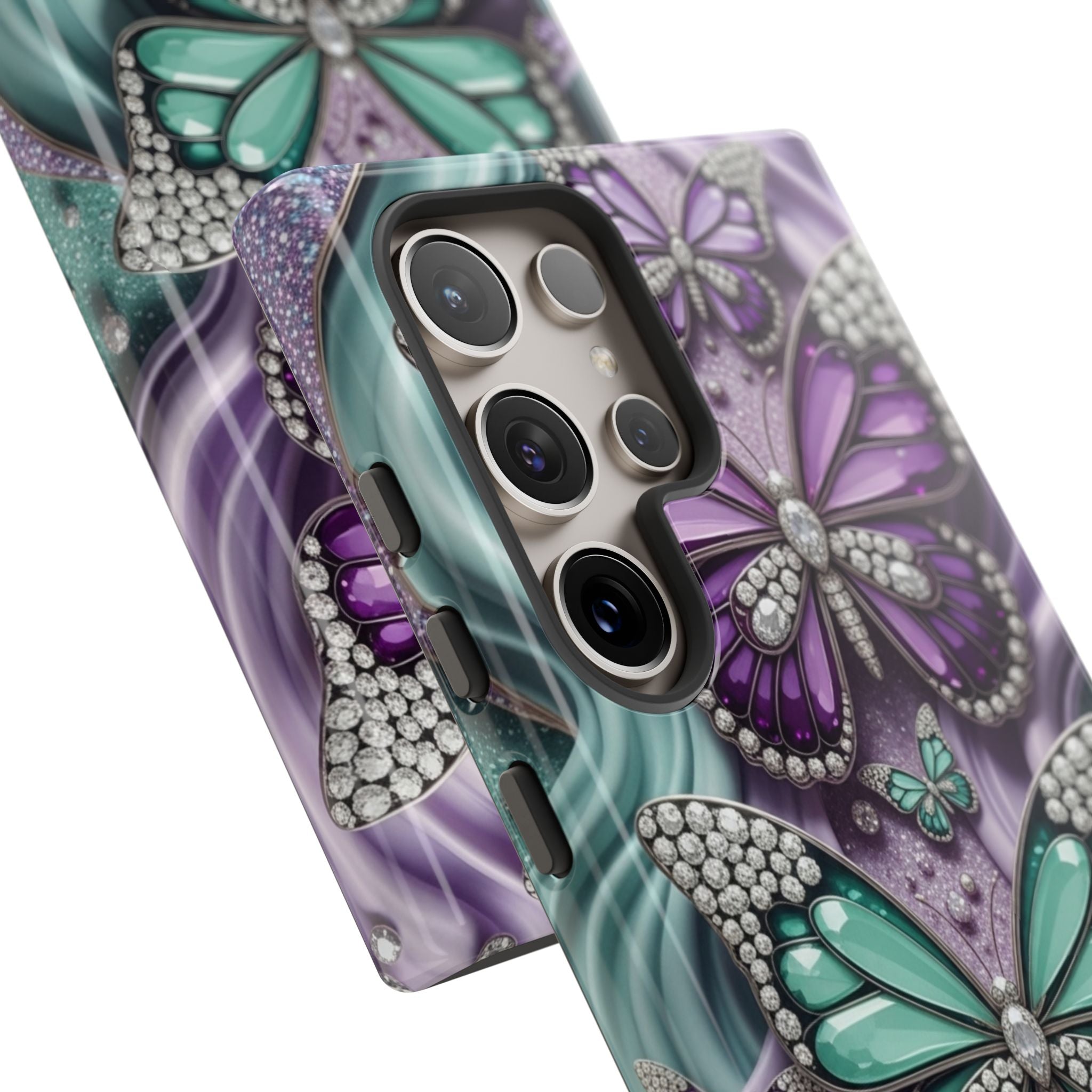 Butterfly Gem Tough Phone Case – Teal & Purple Sparkle Protective Cover