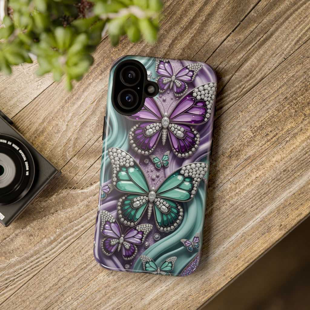 Butterfly Gem Tough Phone Case – Teal & Purple Sparkle Protective Cover