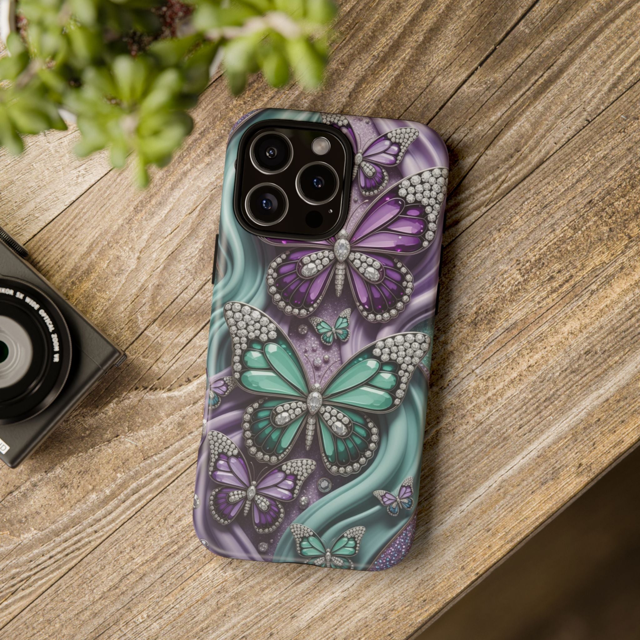 Butterfly Gem Tough Phone Case – Teal & Purple Sparkle Protective Cover
