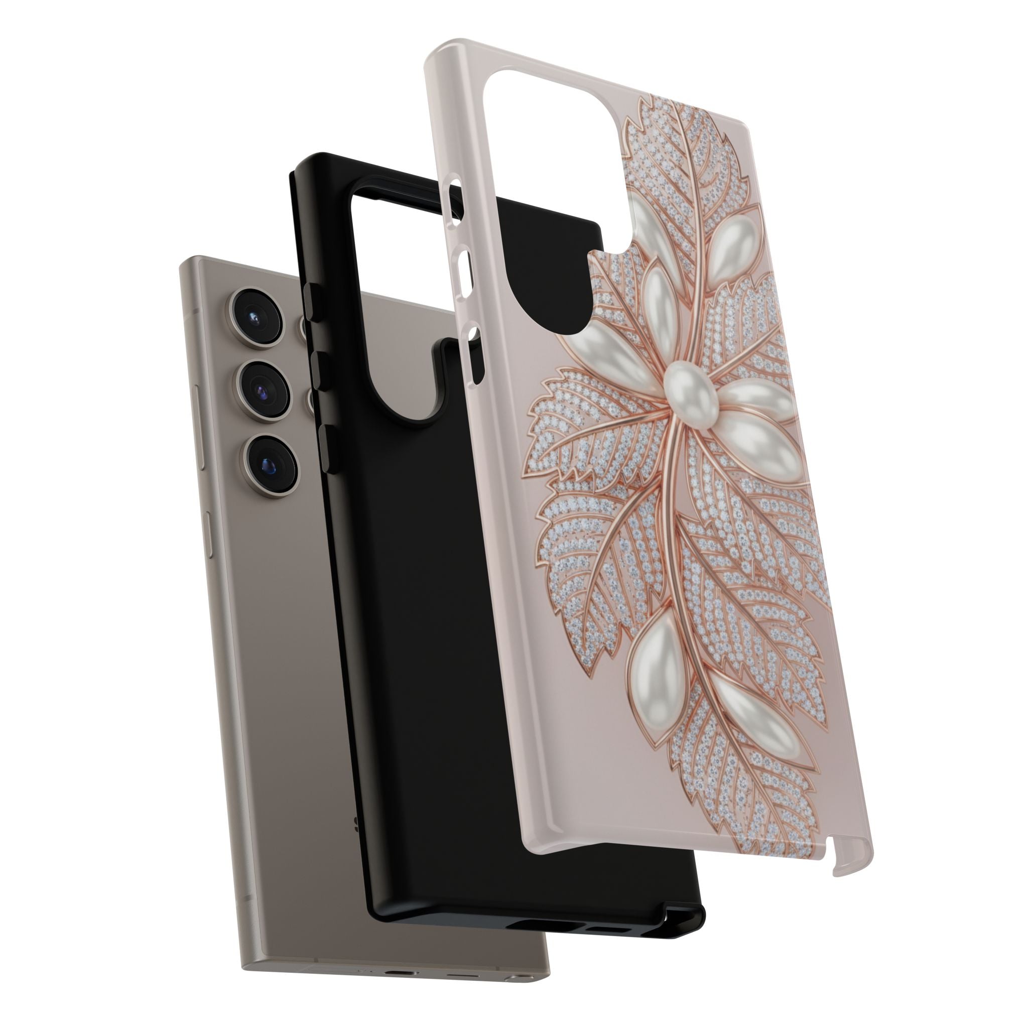 Pearl Floral Phone Case for Samsung galaxy phone — Elegant Rose Gold Leaf Design for Women
