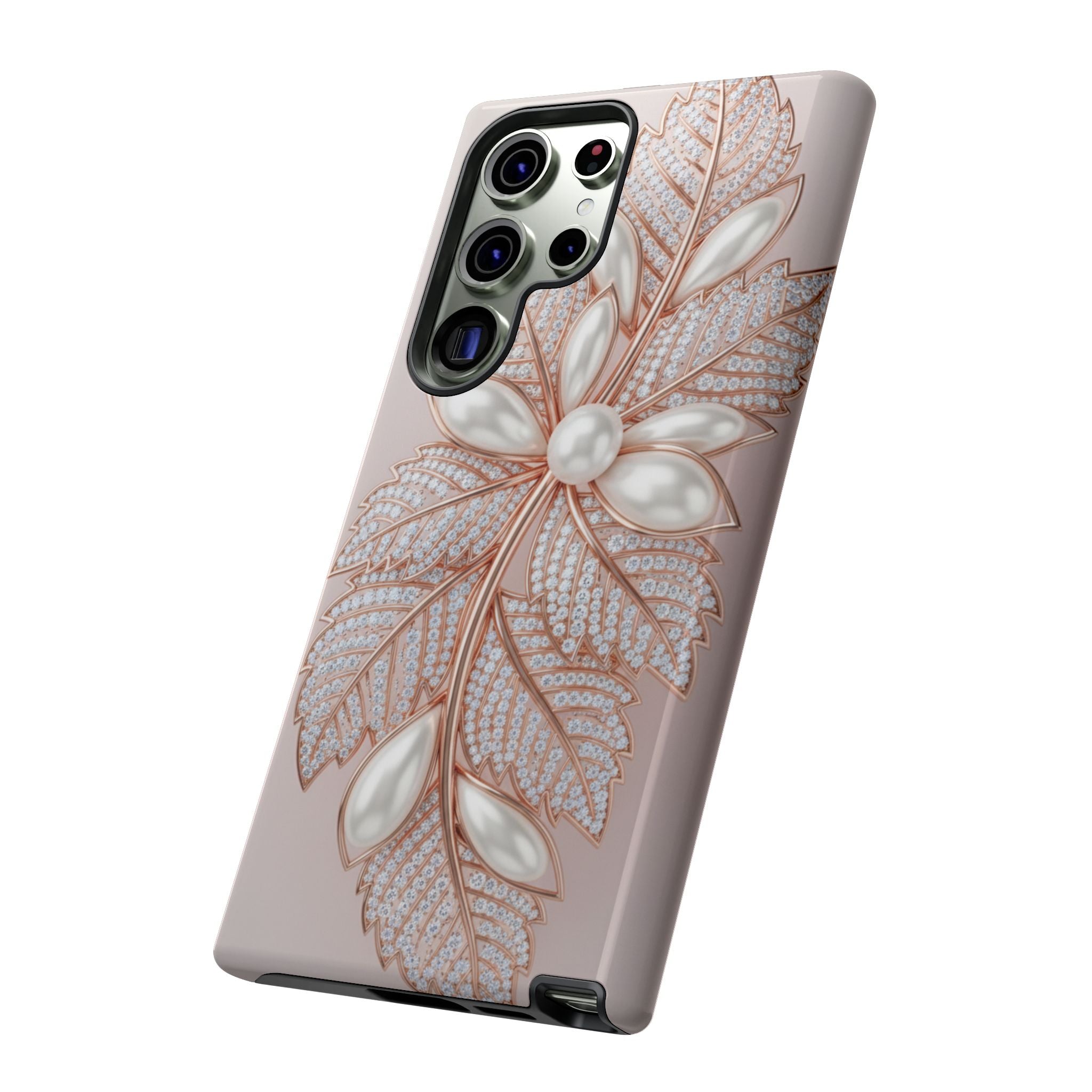 Pearl Floral Phone Case for Samsung galaxy phone — Elegant Rose Gold Leaf Design for Women