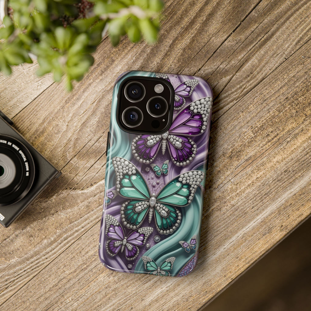 Butterfly Gem Tough Phone Case – Teal & Purple Sparkle Protective Cover