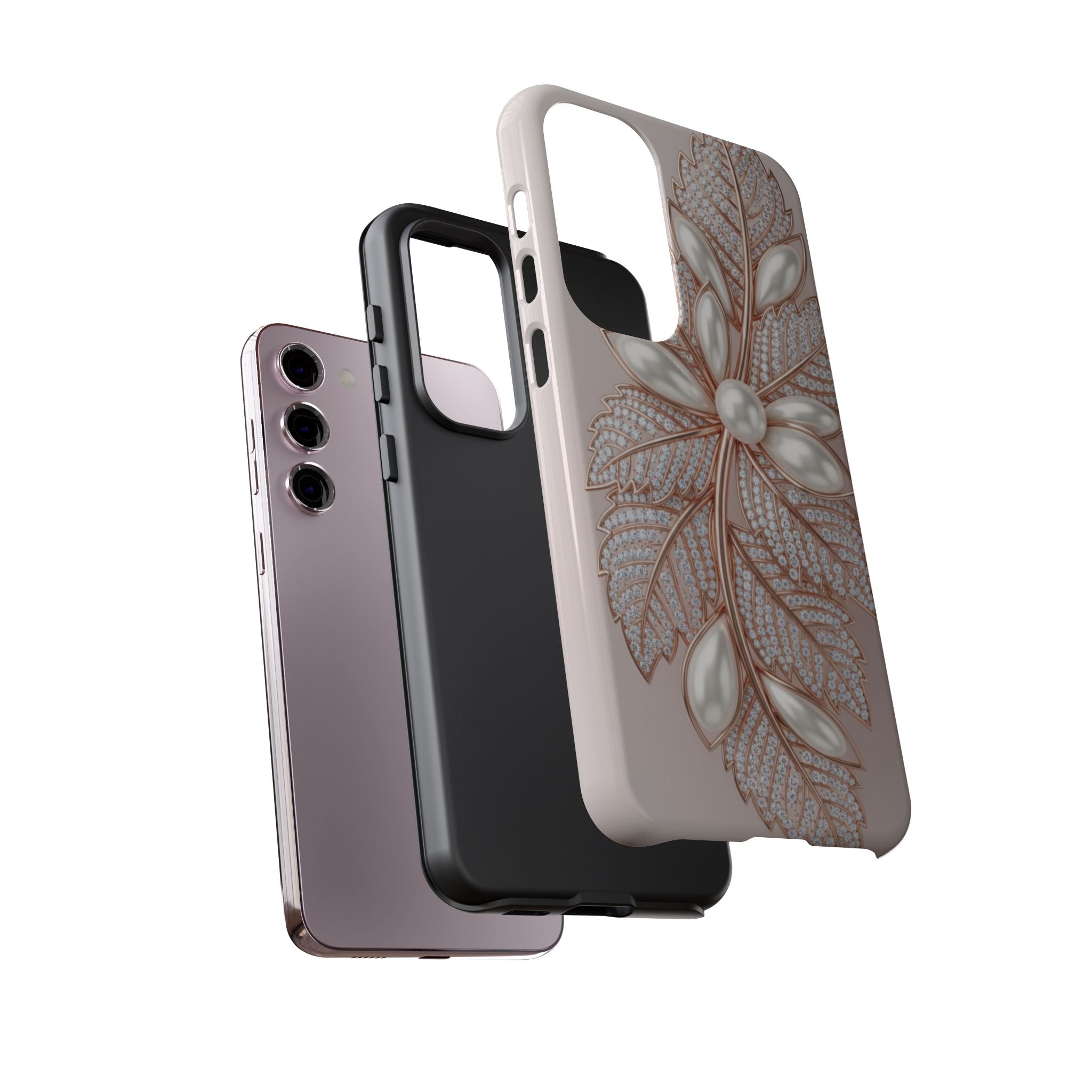 Pearl Floral Phone Case for Samsung galaxy phone — Elegant Rose Gold Leaf Design for Women