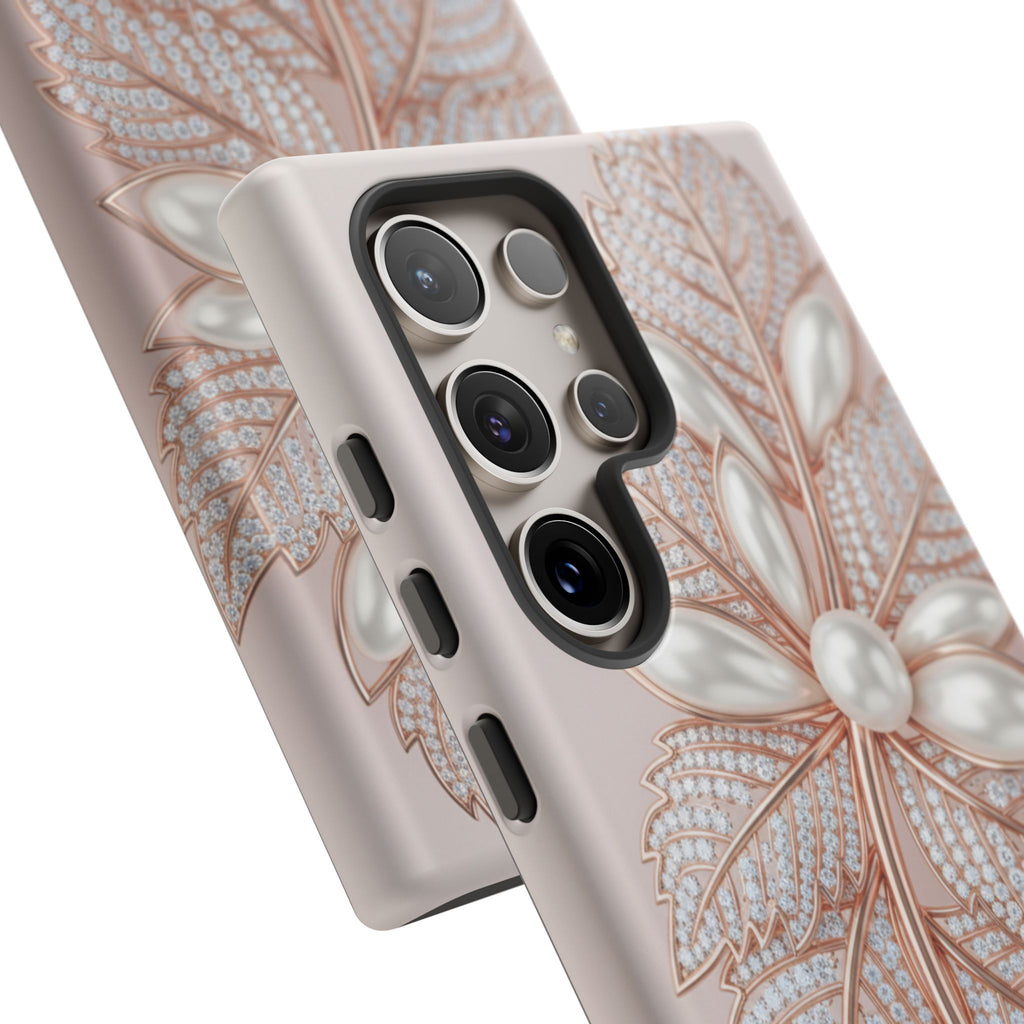 Pearl Floral Phone Case for Samsung galaxy phone — Elegant Rose Gold Leaf Design for Women