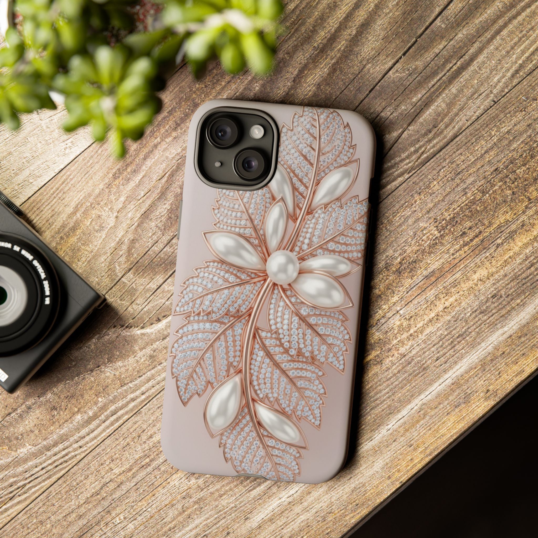 Pearl Floral Phone Case – Rose Gold Leaf iPhone Cover