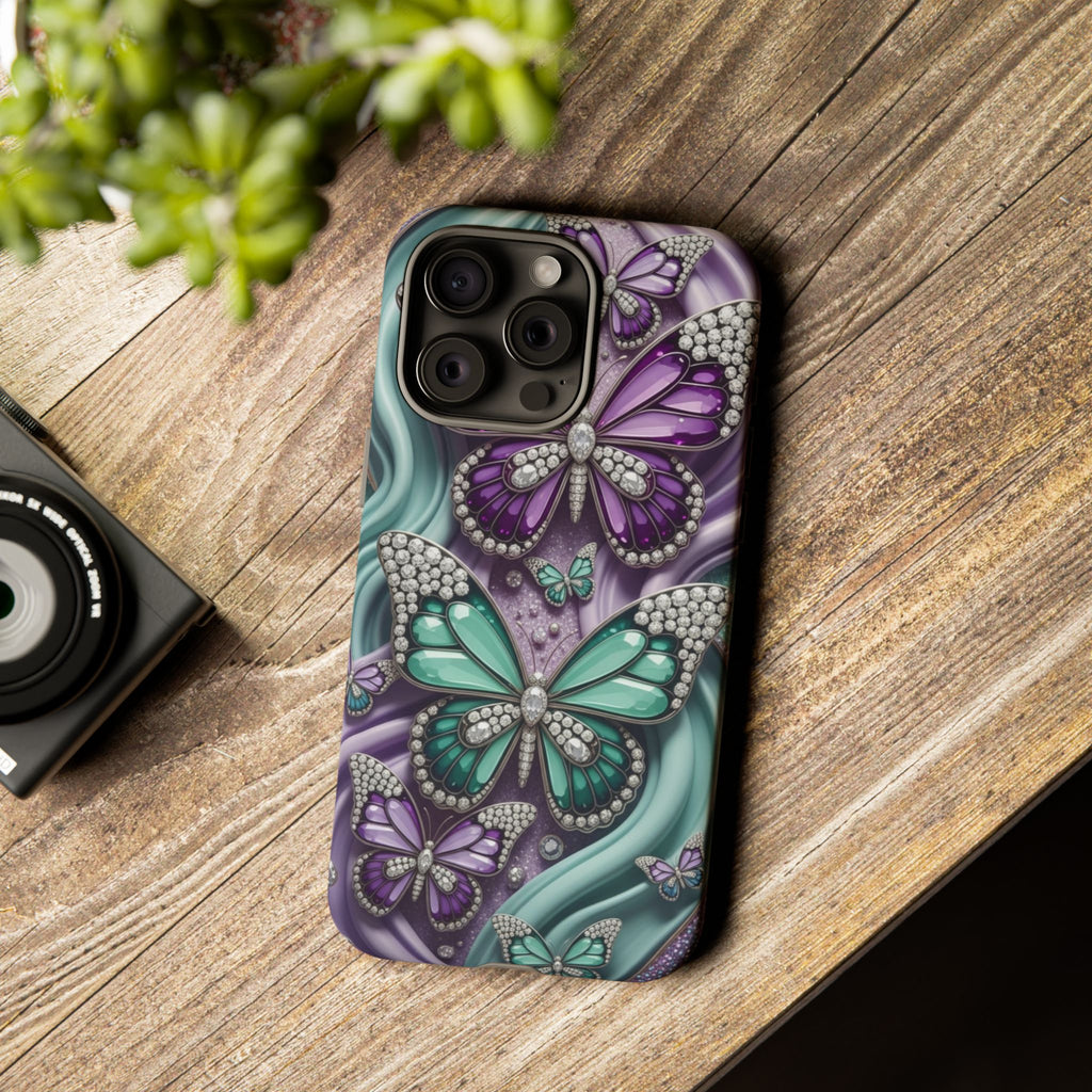Butterfly Gem Tough Phone Case – Teal & Purple Sparkle Protective Cover