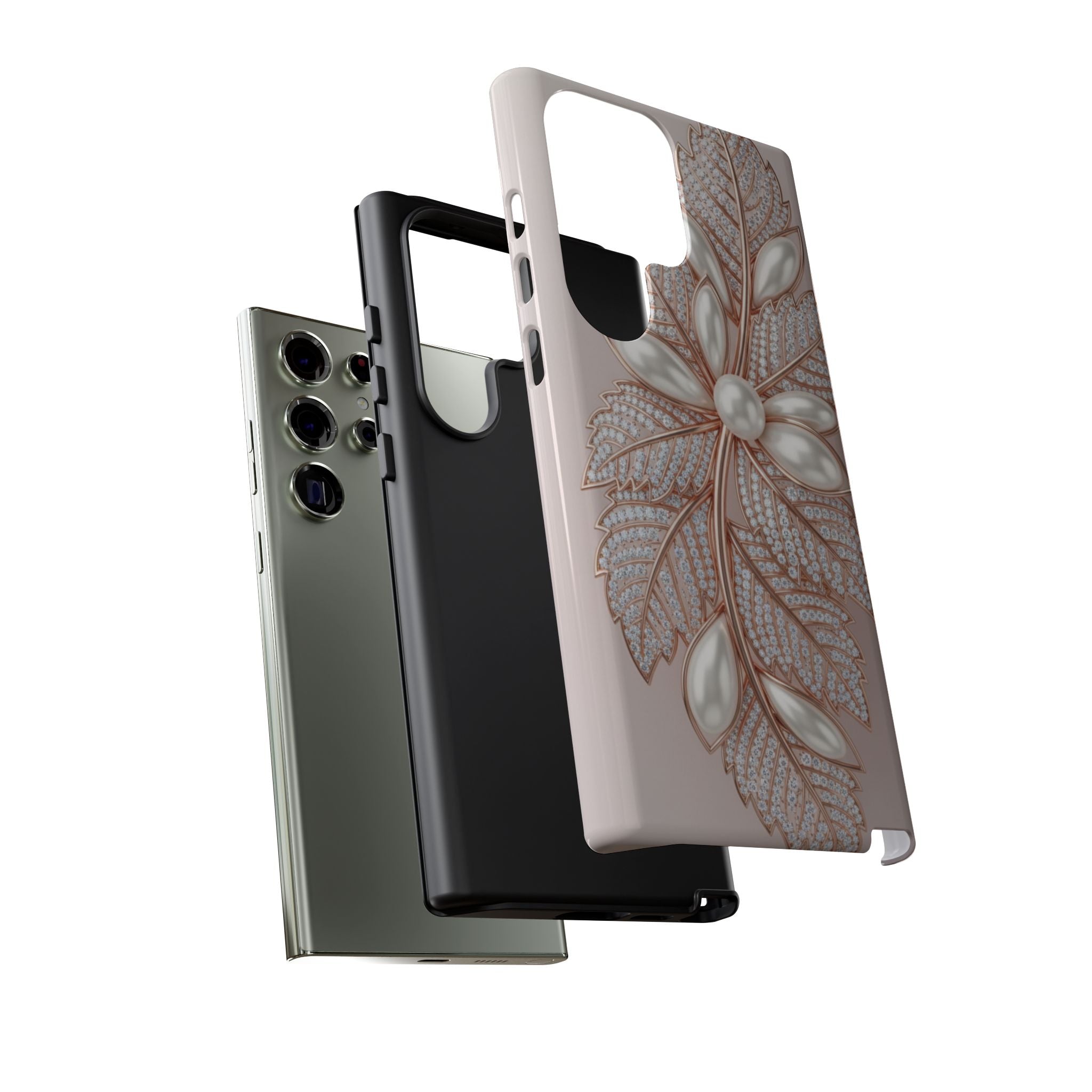Pearl Floral Phone Case for Samsung galaxy phone — Elegant Rose Gold Leaf Design for Women