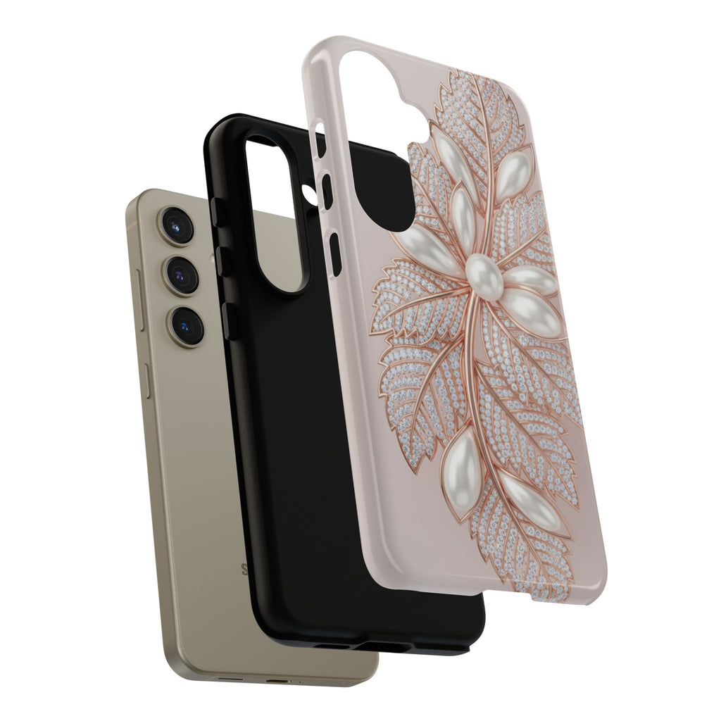Pearl Floral Phone Case for Samsung galaxy phone — Elegant Rose Gold Leaf Design for Women