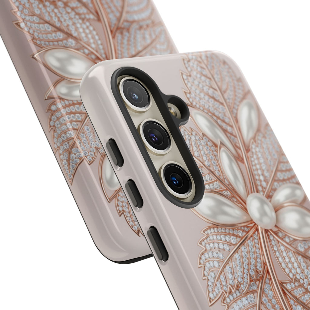 Pearl Floral Phone Case for Samsung galaxy phone — Elegant Rose Gold Leaf Design for Women