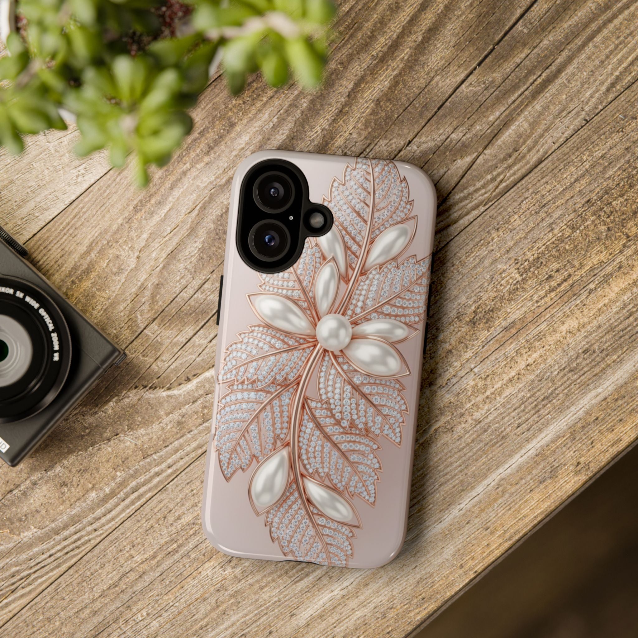 Pearl Floral Phone Case – Rose Gold Leaf iPhone Cover