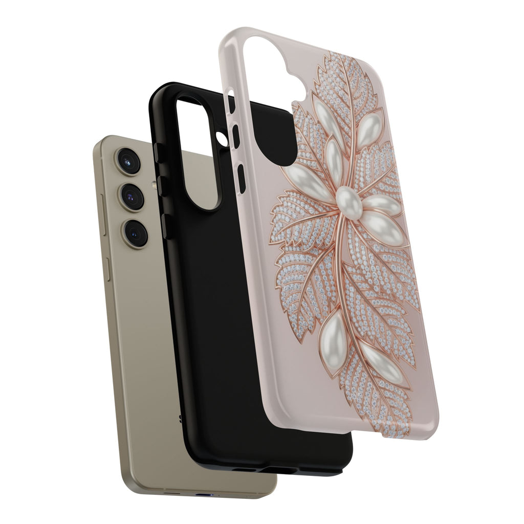 Pearl Floral Phone Case for Samsung galaxy phone — Elegant Rose Gold Leaf Design for Women