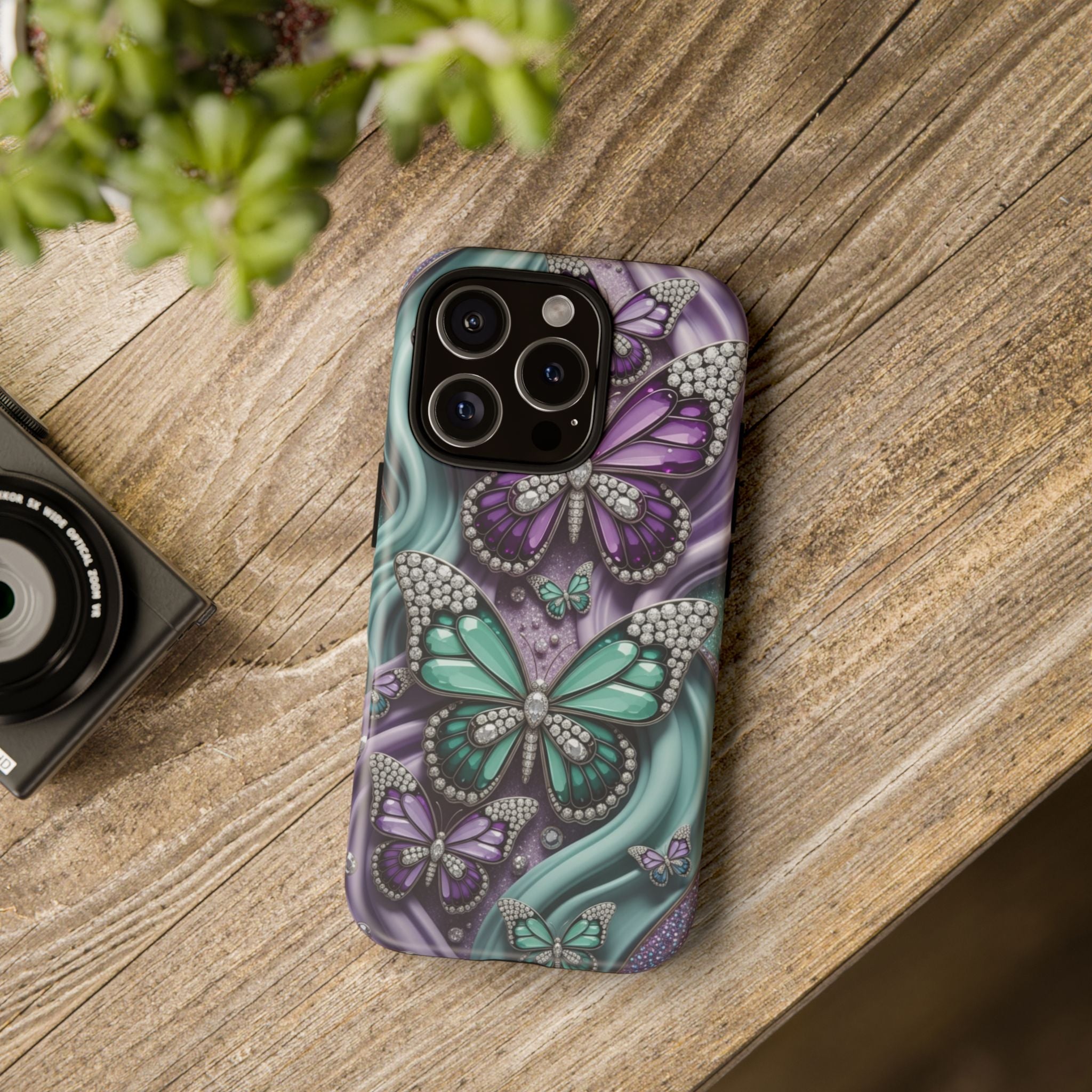 Butterfly Gem Tough Phone Case – Teal & Purple Sparkle Protective Cover