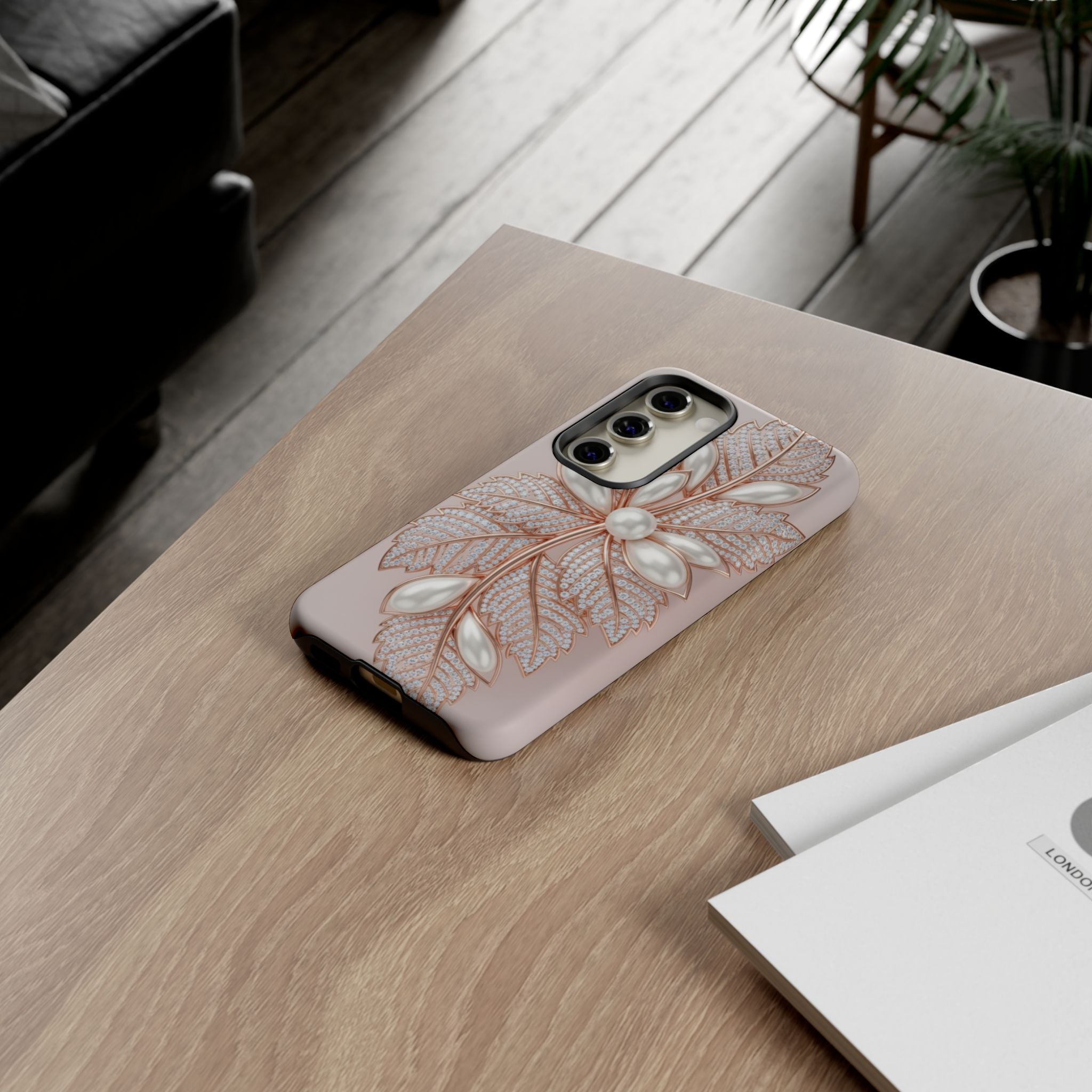 Pearl Floral Phone Case for Samsung galaxy phone — Elegant Rose Gold Leaf Design for Women