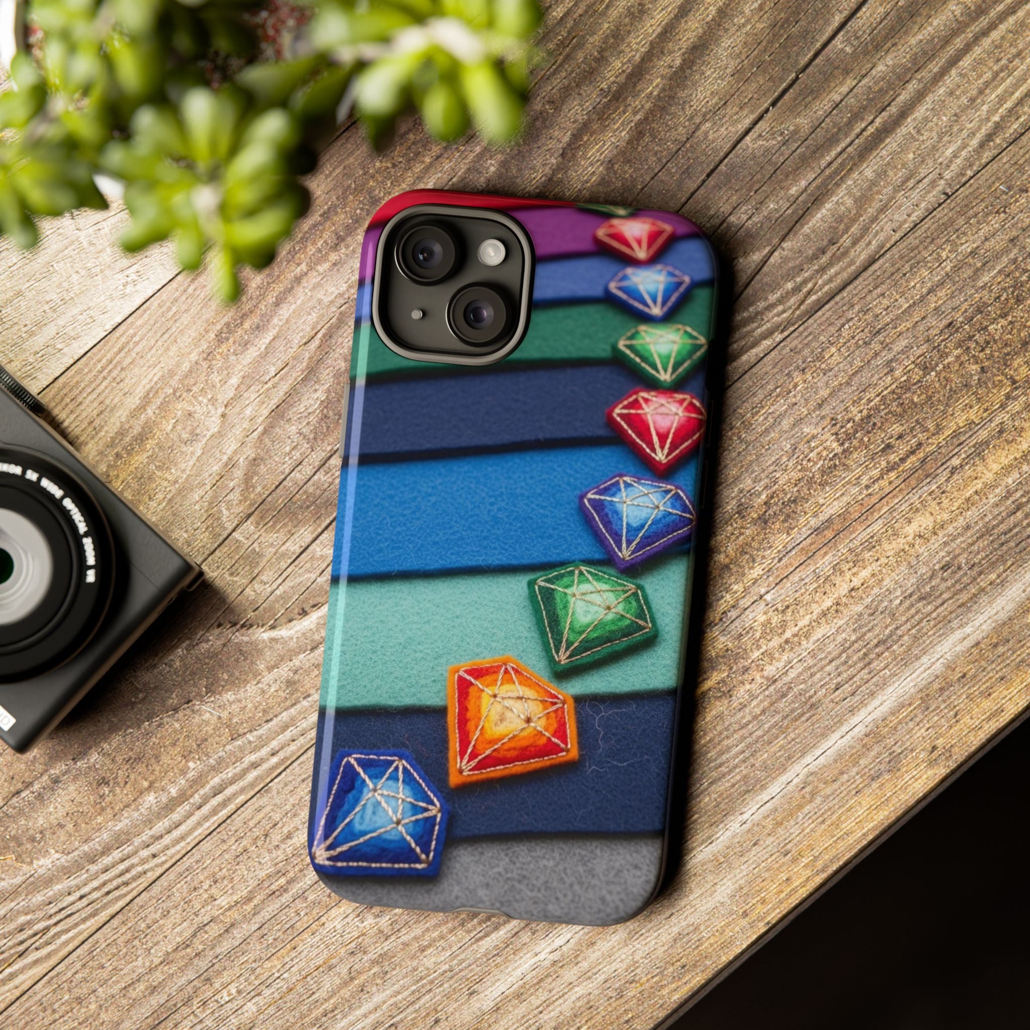 Colorful Gem Stripe Phone Case — Rainbow Diamond Pattern Tough Case