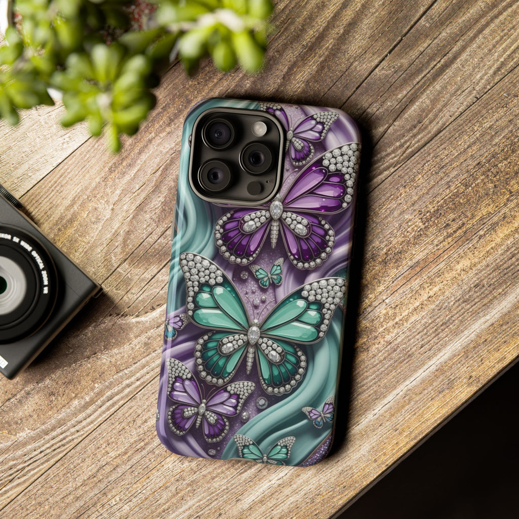 Butterfly Gem Tough Phone Case – Teal & Purple Sparkle Protective Cover
