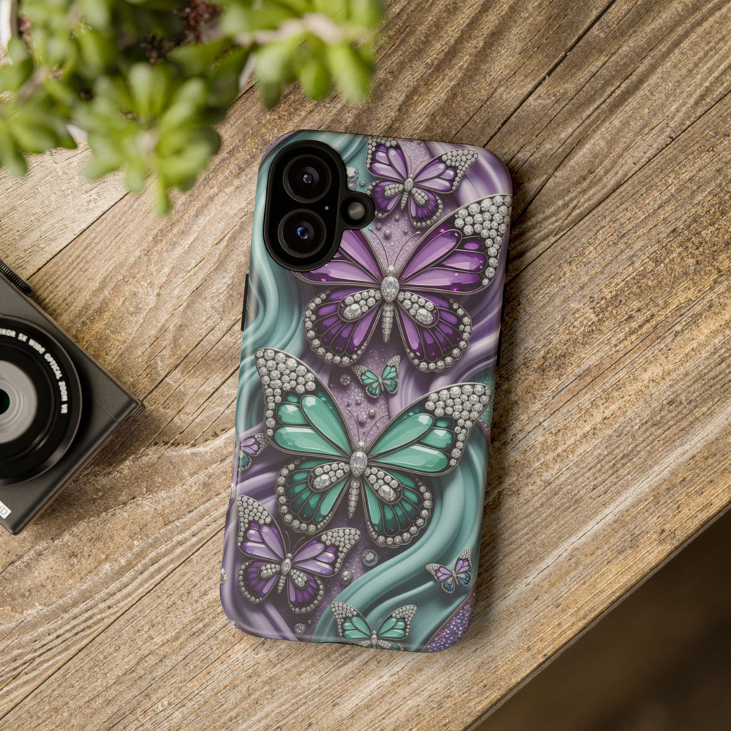 Butterfly Gem Tough Phone Case – Teal & Purple Sparkle Protective Cover