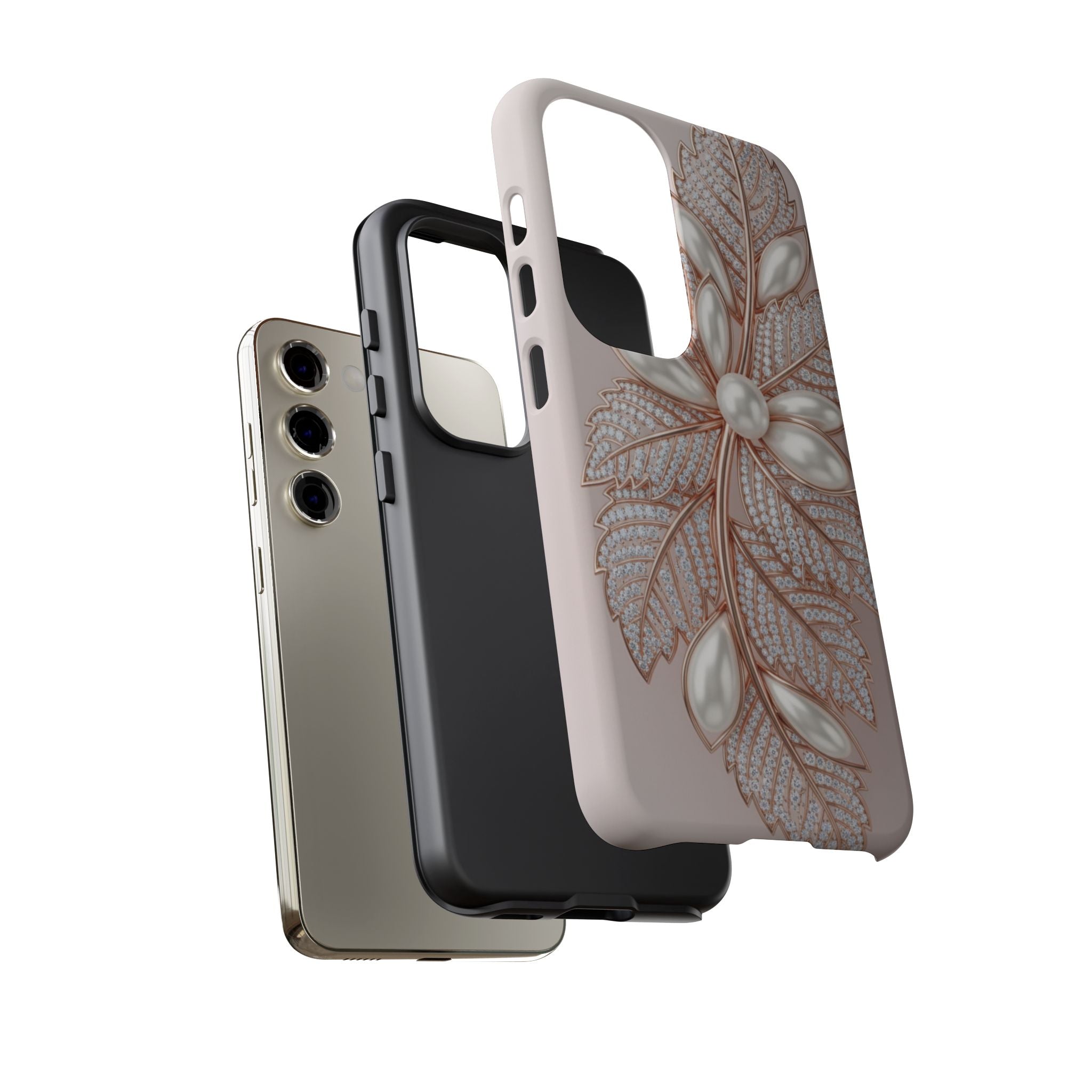 Pearl Floral Phone Case for Samsung galaxy phone — Elegant Rose Gold Leaf Design for Women