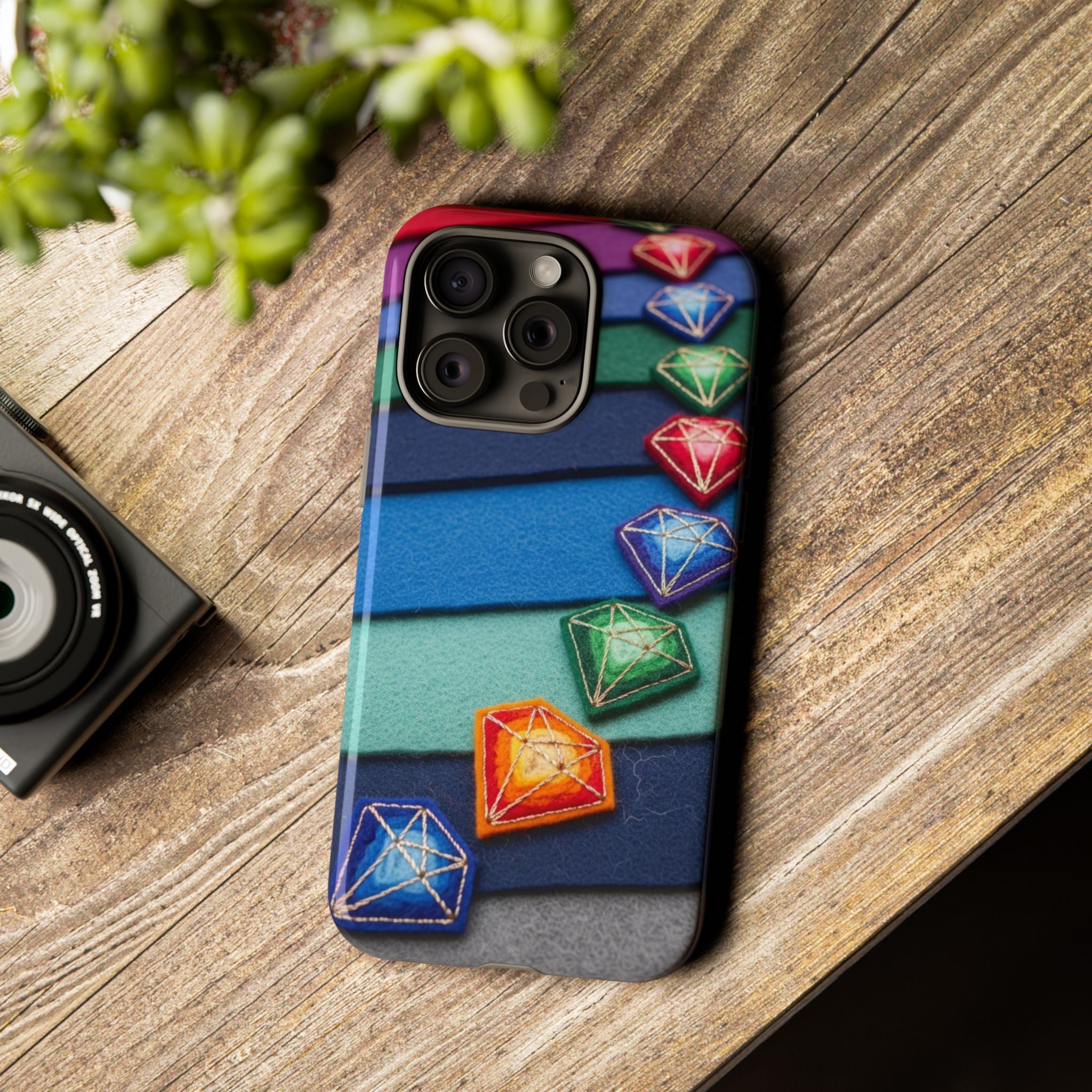 Colorful Gem Stripe Phone Case — Rainbow Diamond Pattern Tough Case
