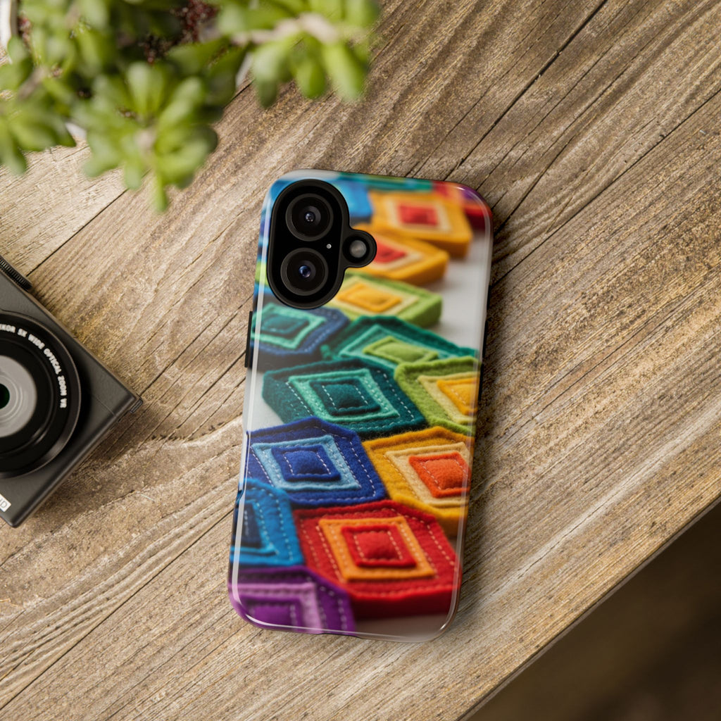 Colorful Geometric Quilt Pattern Phone Case – Bright Rainbow Diamond Tough Case