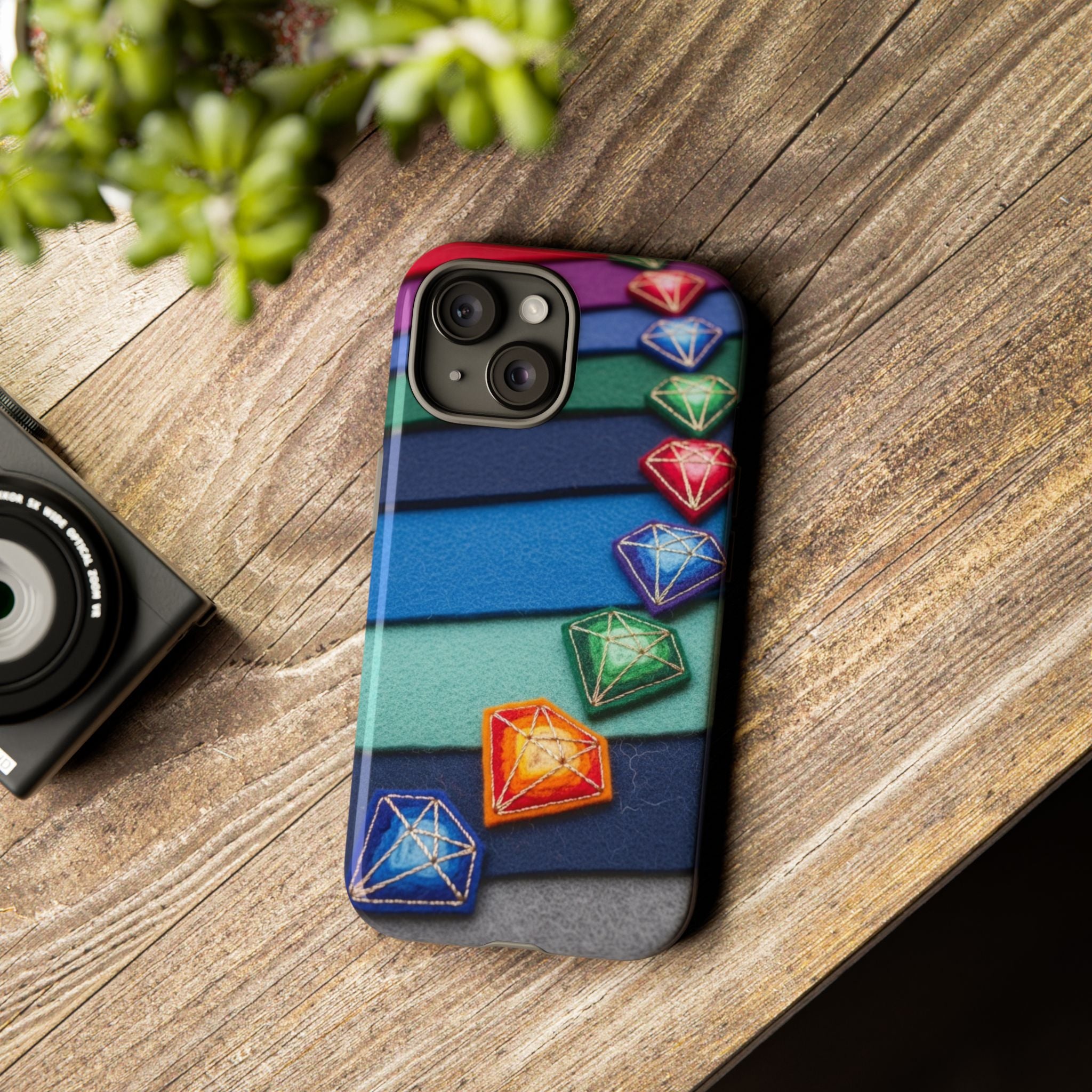 Colorful Gem Stripe Phone Case — Rainbow Diamond Pattern Tough Case