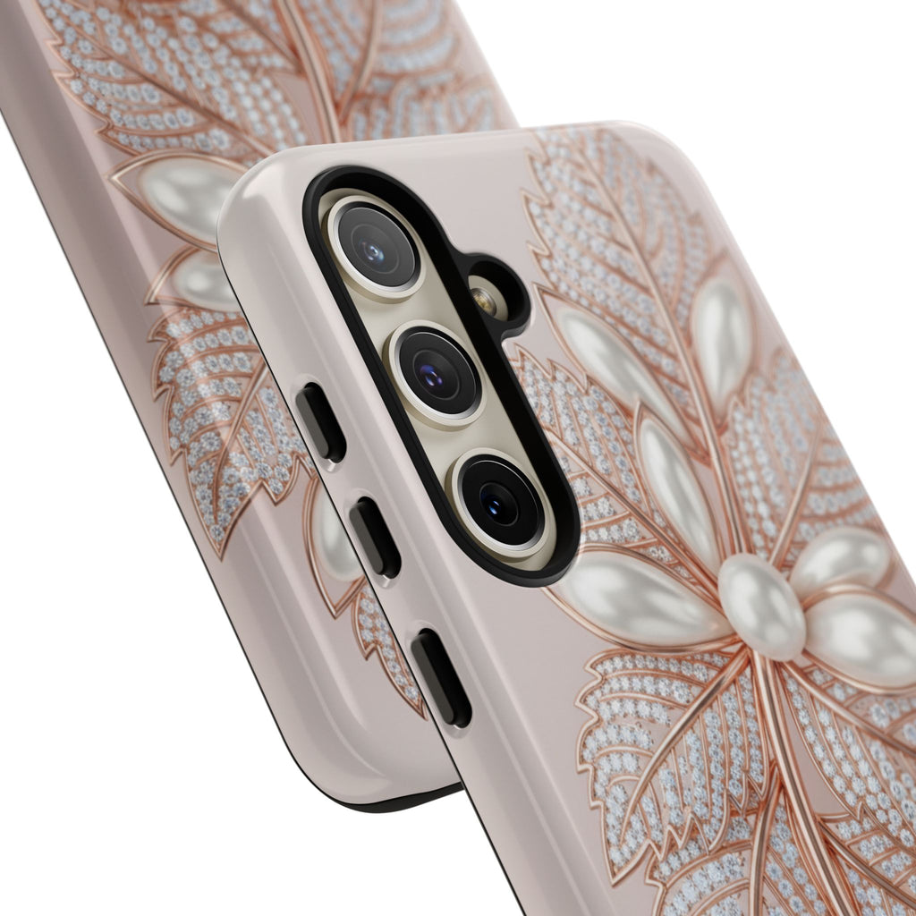 Pearl Floral Phone Case for Samsung galaxy phone — Elegant Rose Gold Leaf Design for Women