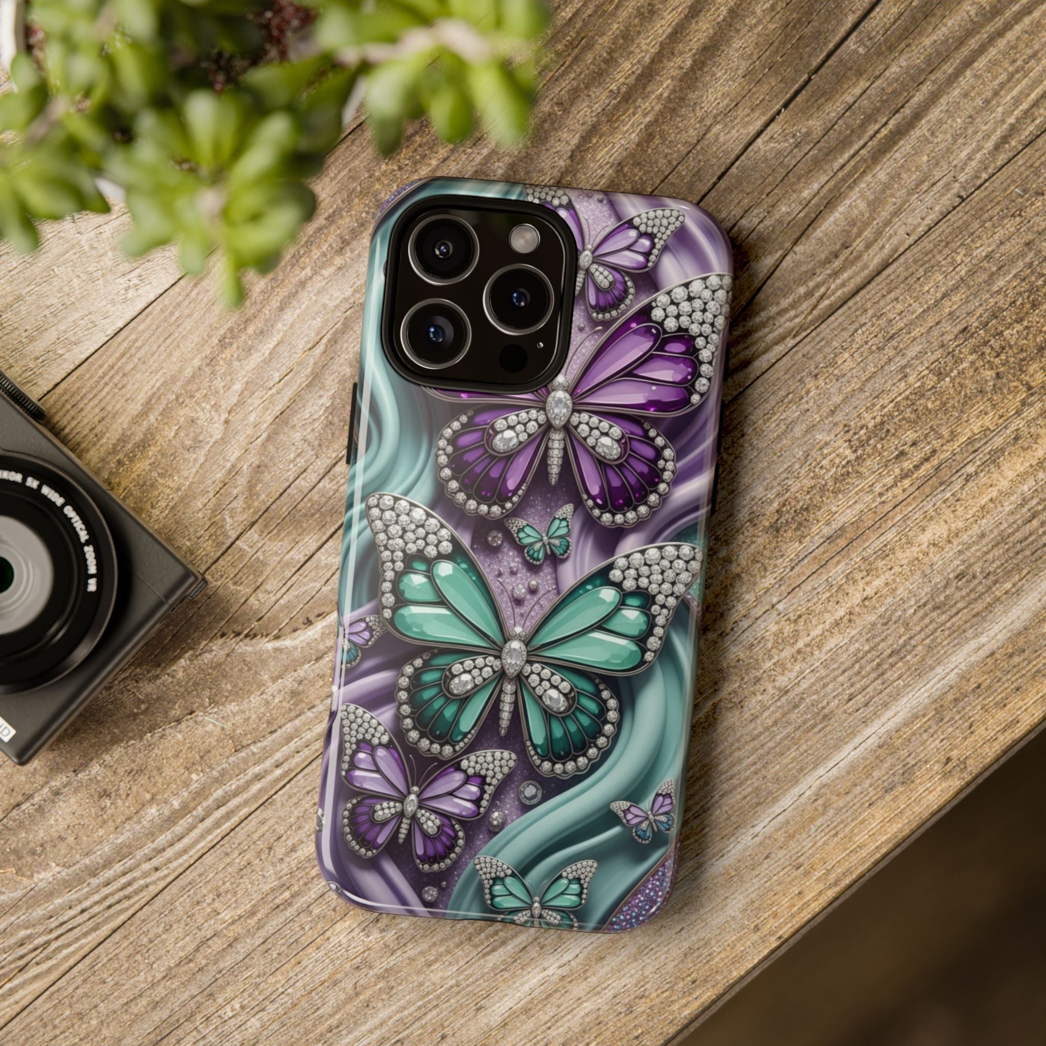 Butterfly Gem Tough Phone Case – Teal & Purple Sparkle Protective Cover