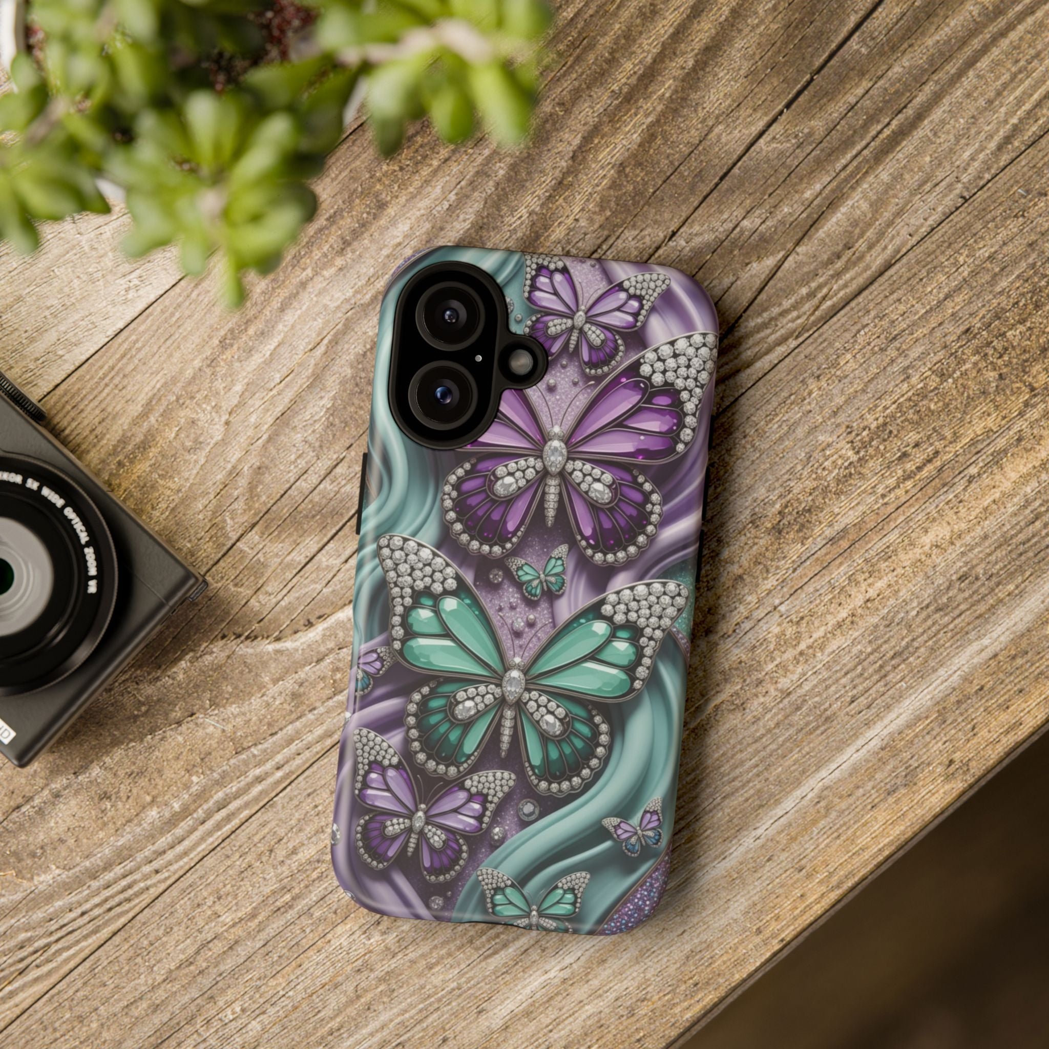 Butterfly Gem Tough Phone Case – Teal & Purple Sparkle Protective Cover