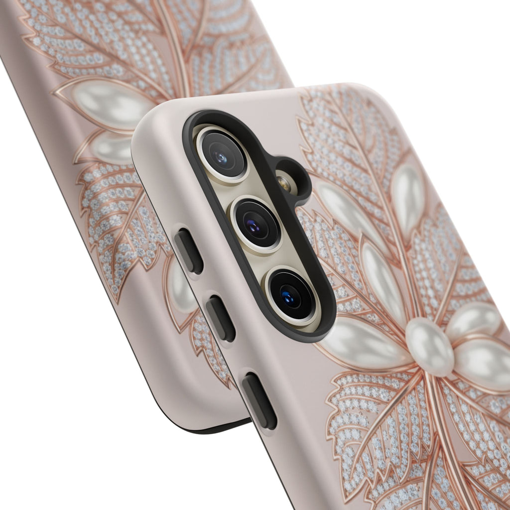 Pearl Floral Phone Case for Samsung galaxy phone — Elegant Rose Gold Leaf Design for Women