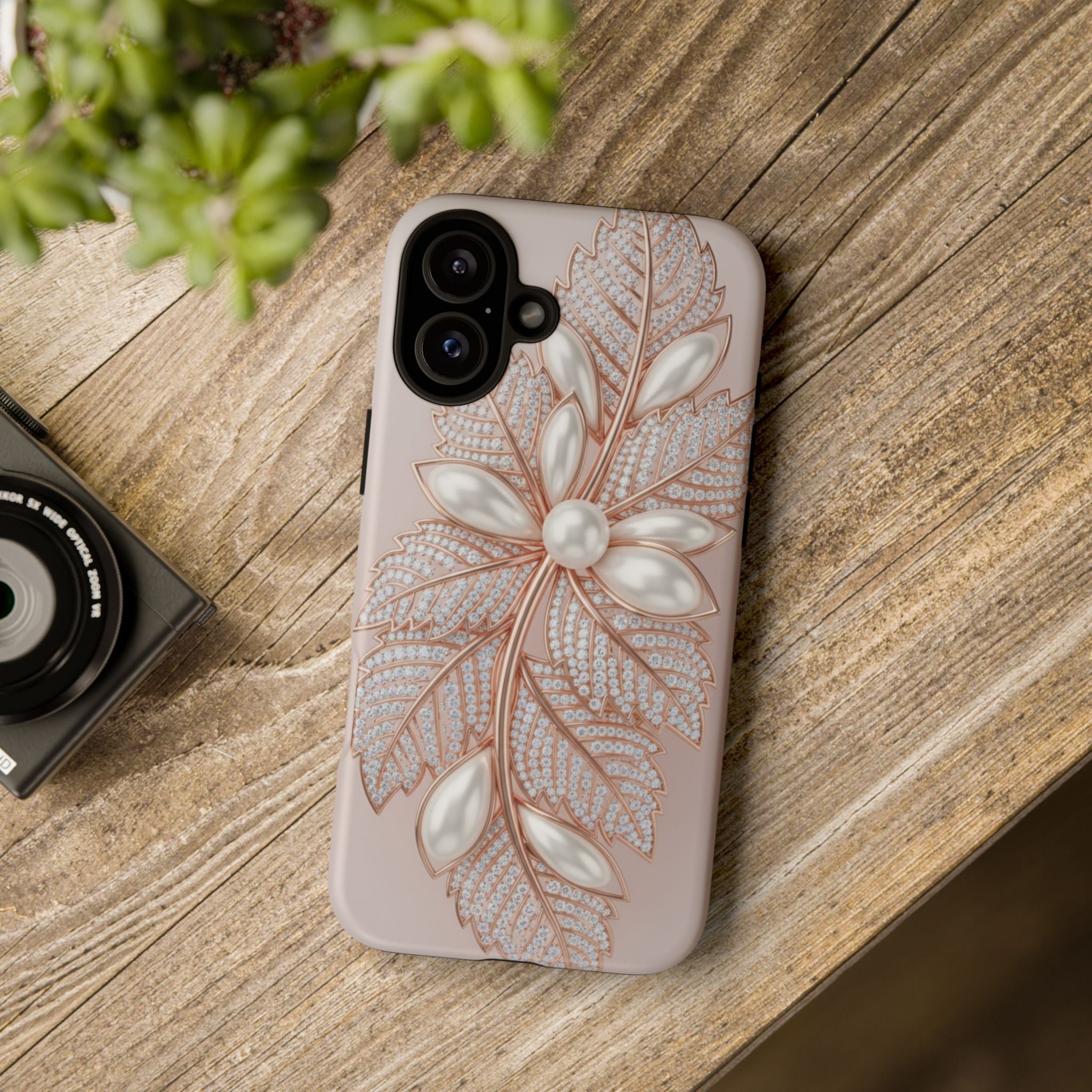 Pearl Floral Phone Case – Rose Gold Leaf iPhone Cover