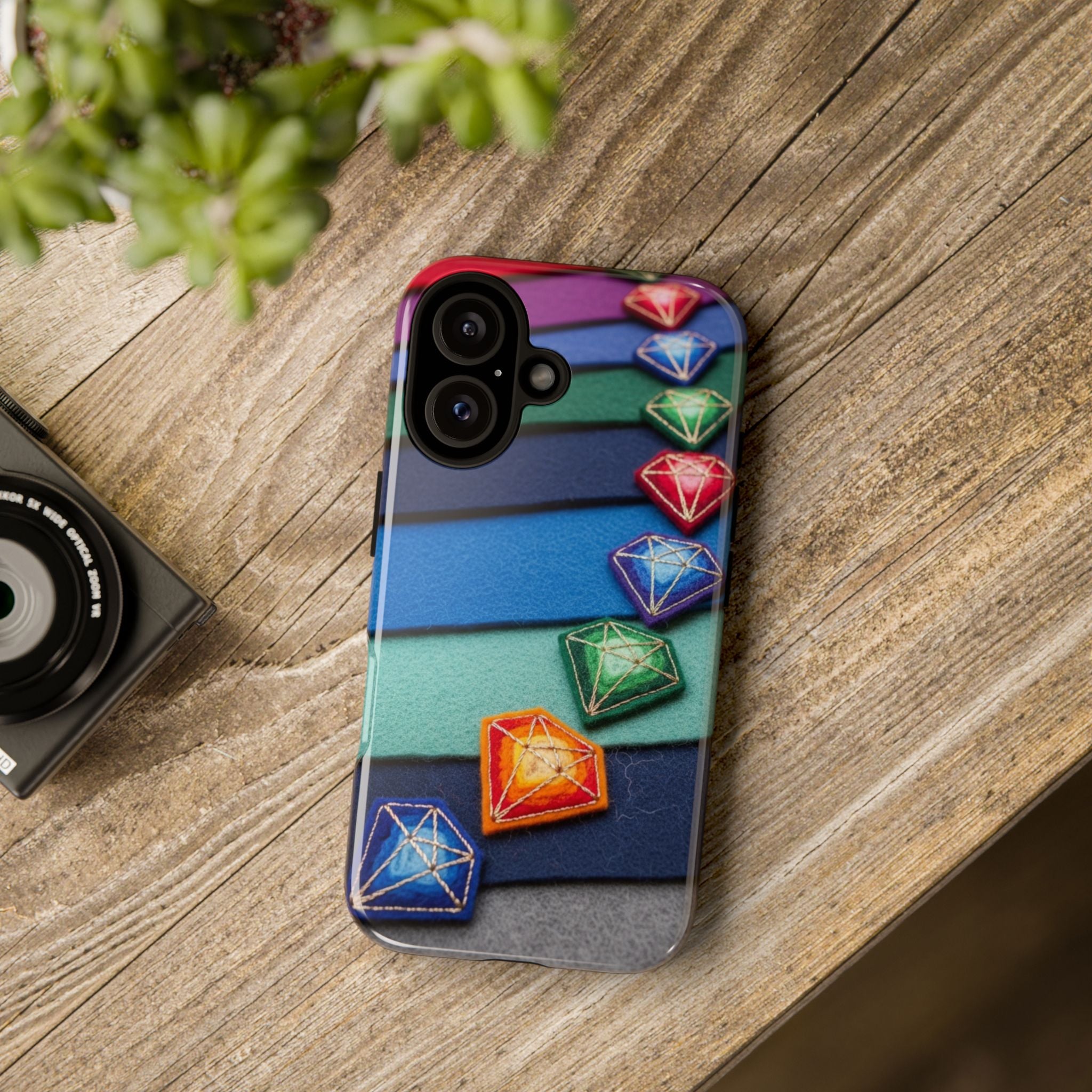 Colorful Gem Stripe Phone Case — Rainbow Diamond Pattern Tough Case